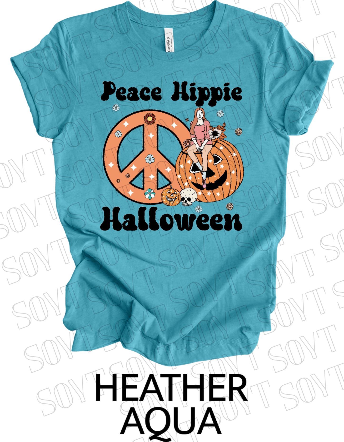 Peace Hippie Halloween T-Shirt – Retro Girl, Pumpkins & Floral Peace Sign Graphic Tee - Festive Apparel StoreHeather Aqua