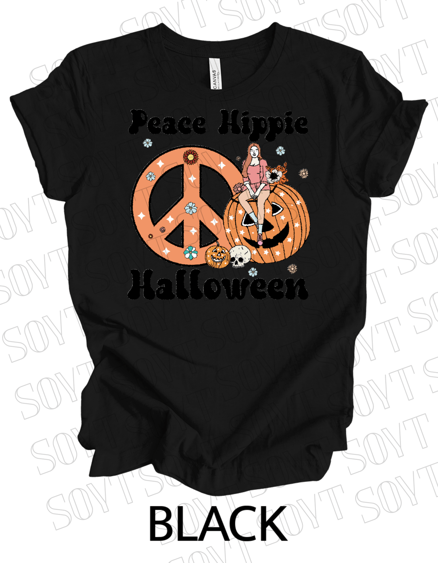 Peace Hippie Halloween T-Shirt – Retro Girl, Pumpkins & Floral Peace Sign Graphic Tee - Festive Apparel StoreBlack