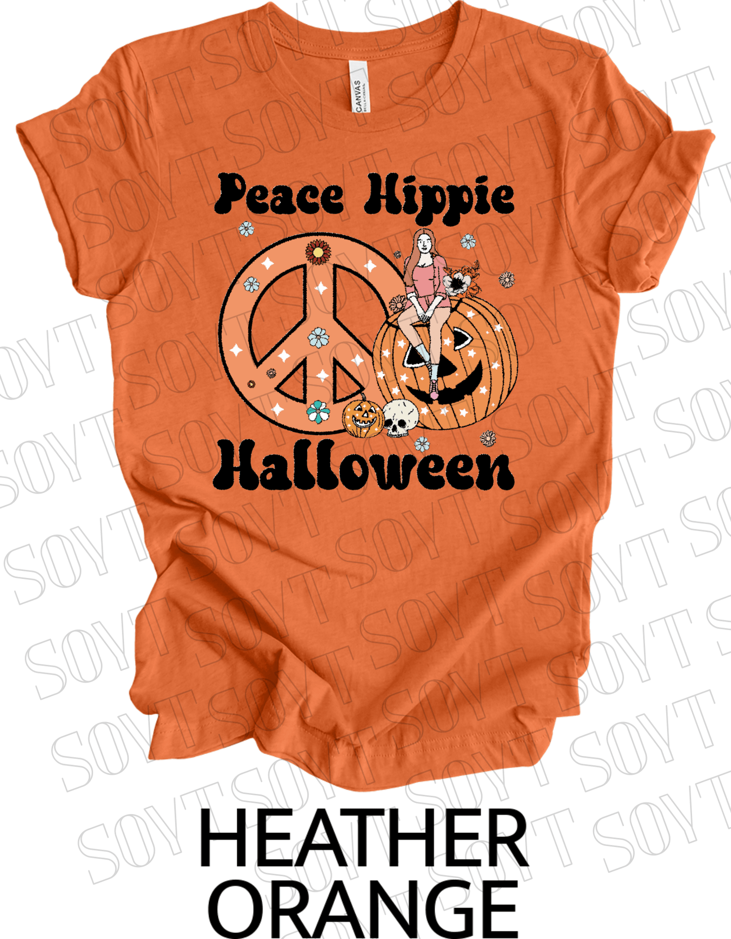 Peace Hippie Halloween T-Shirt – Retro Girl, Pumpkins & Floral Peace Sign Graphic Tee - Festive Apparel StoreHeather Orange