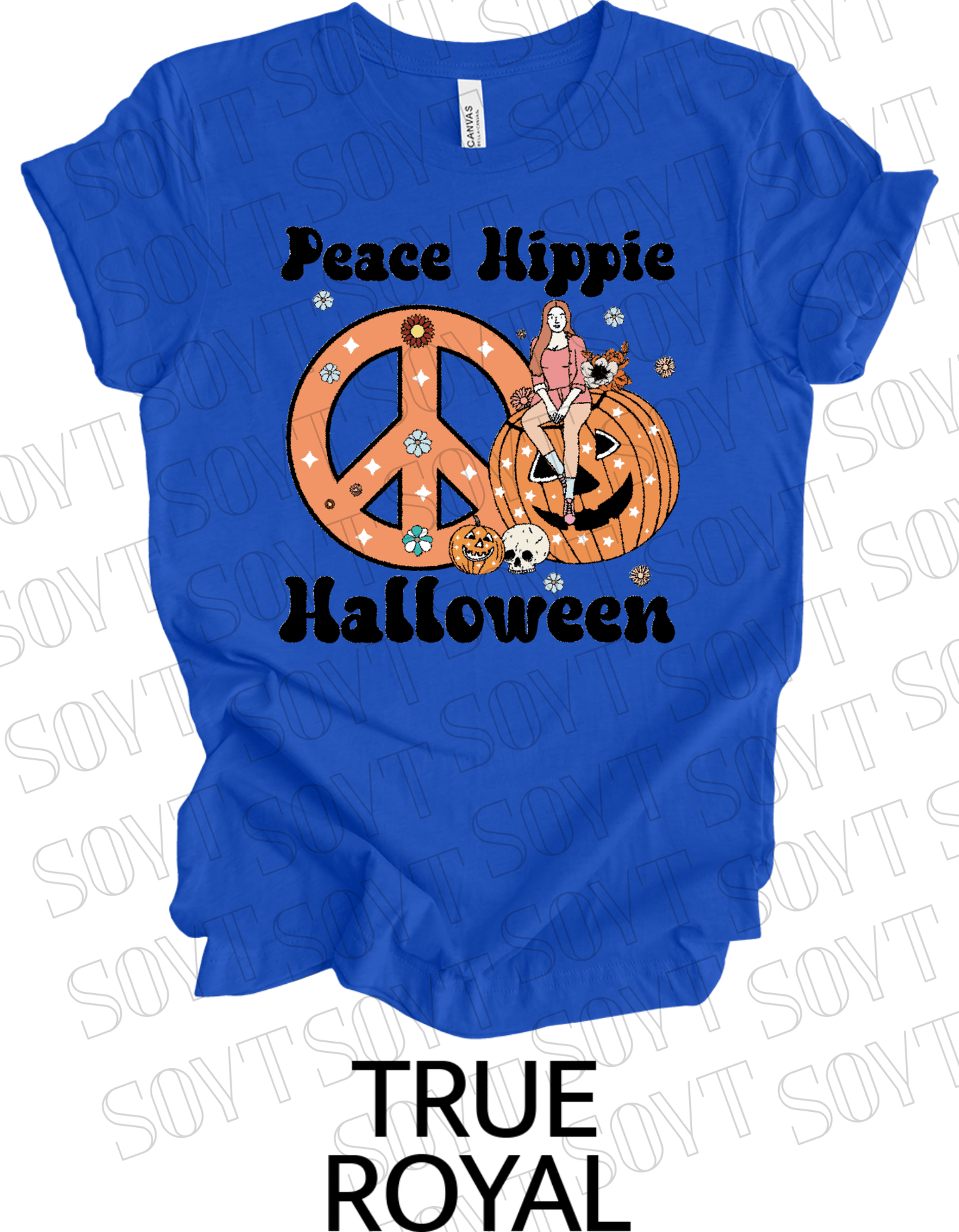 Peace Hippie Halloween T-Shirt – Retro Girl, Pumpkins & Floral Peace Sign Graphic Tee - Festive Apparel StoreRoyal Blue