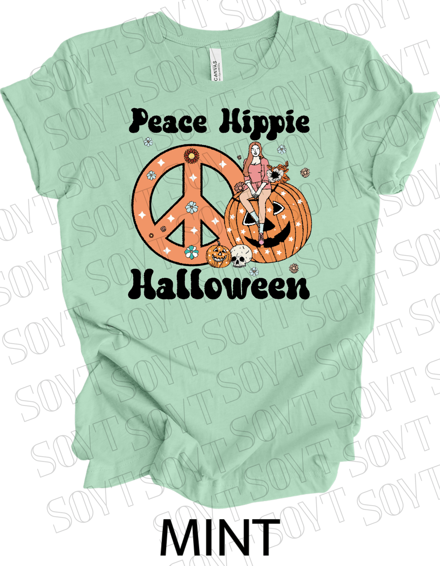 Peace Hippie Halloween T-Shirt – Retro Girl, Pumpkins & Floral Peace Sign Graphic Tee - Festive Apparel StoreMint