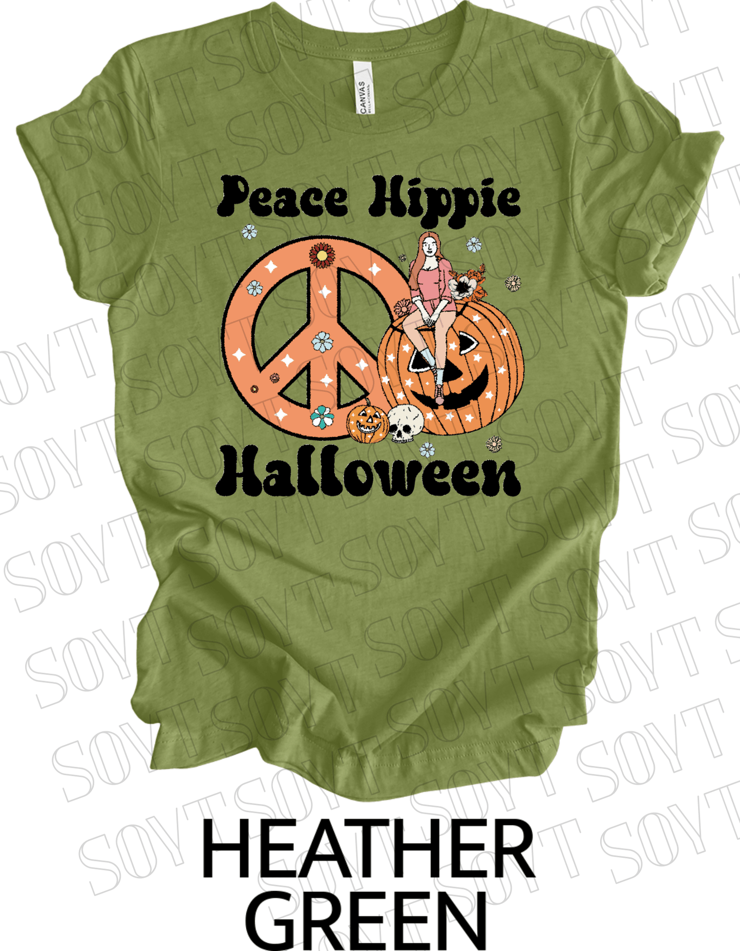 Peace Hippie Halloween T-Shirt – Retro Girl, Pumpkins & Floral Peace Sign Graphic Tee - Festive Apparel StoreHeather Green