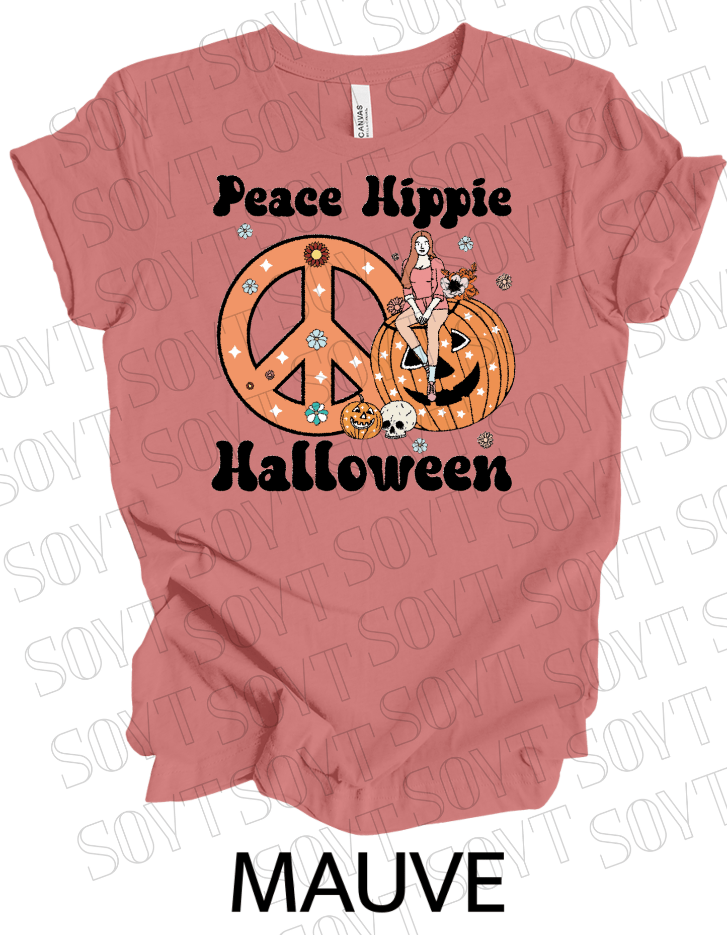 Peace Hippie Halloween T-Shirt – Retro Girl, Pumpkins & Floral Peace Sign Graphic Tee - Festive Apparel StoreMauve