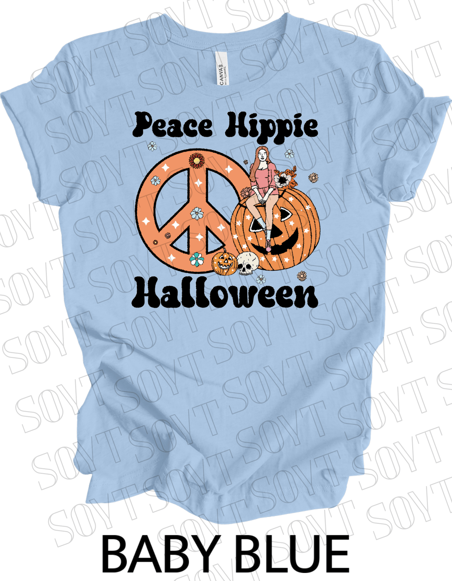 Peace Hippie Halloween T-Shirt – Retro Girl, Pumpkins & Floral Peace Sign Graphic Tee - Festive Apparel StoreBaby Blue
