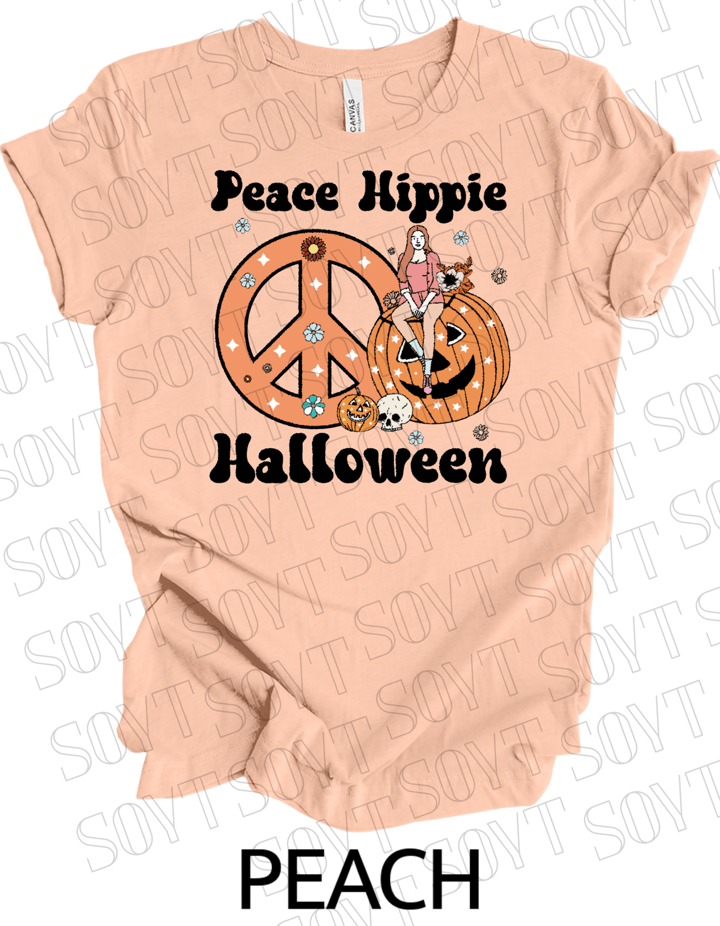 Peace Hippie Halloween T-Shirt – Retro Girl, Pumpkins & Floral Peace Sign Graphic Tee - Festive Apparel StorePeach