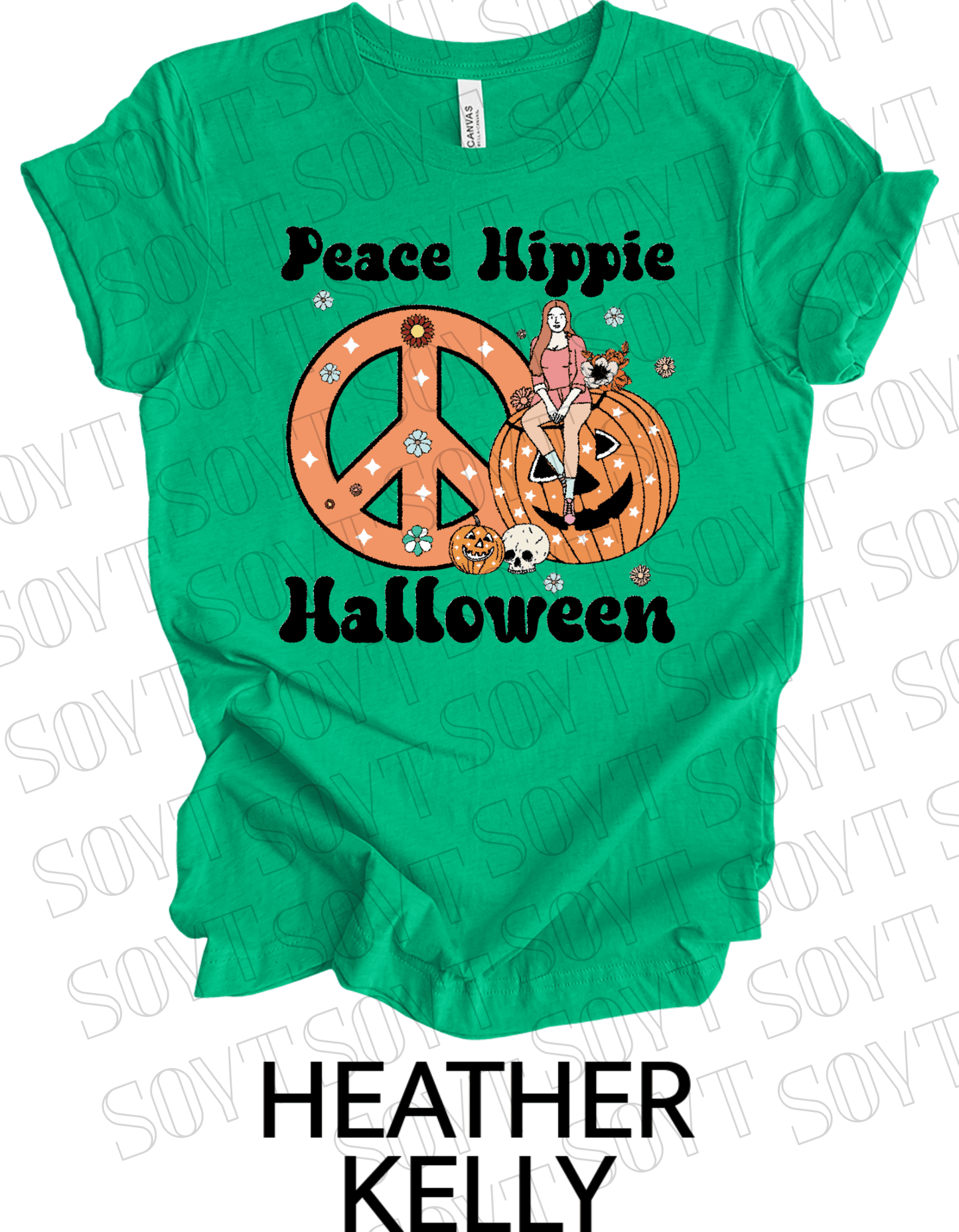Peace Hippie Halloween T-Shirt – Retro Girl, Pumpkins & Floral Peace Sign Graphic Tee - Festive Apparel StoreHeather Kelly Green