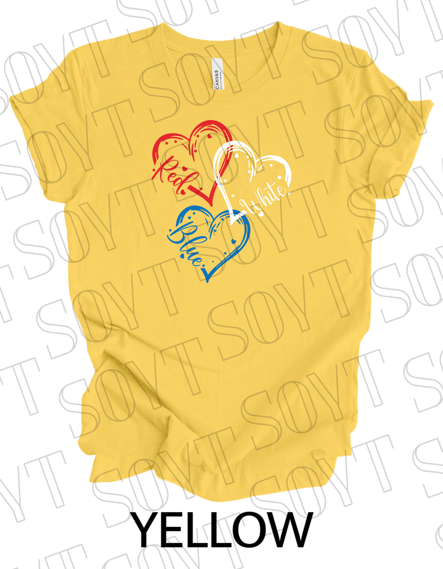 Red White Blue Hearts T-Shirt – Bella+Canvas Cute Patriotic Tee - Festive Apparel StoreYellow