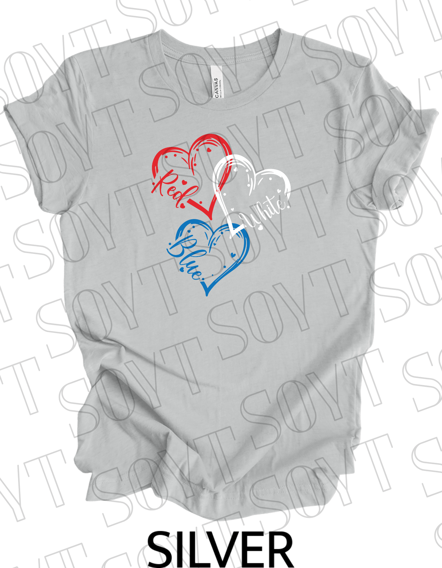 Red White Blue Hearts T-Shirt – Bella+Canvas Cute Patriotic Tee - Festive Apparel StoreSilver