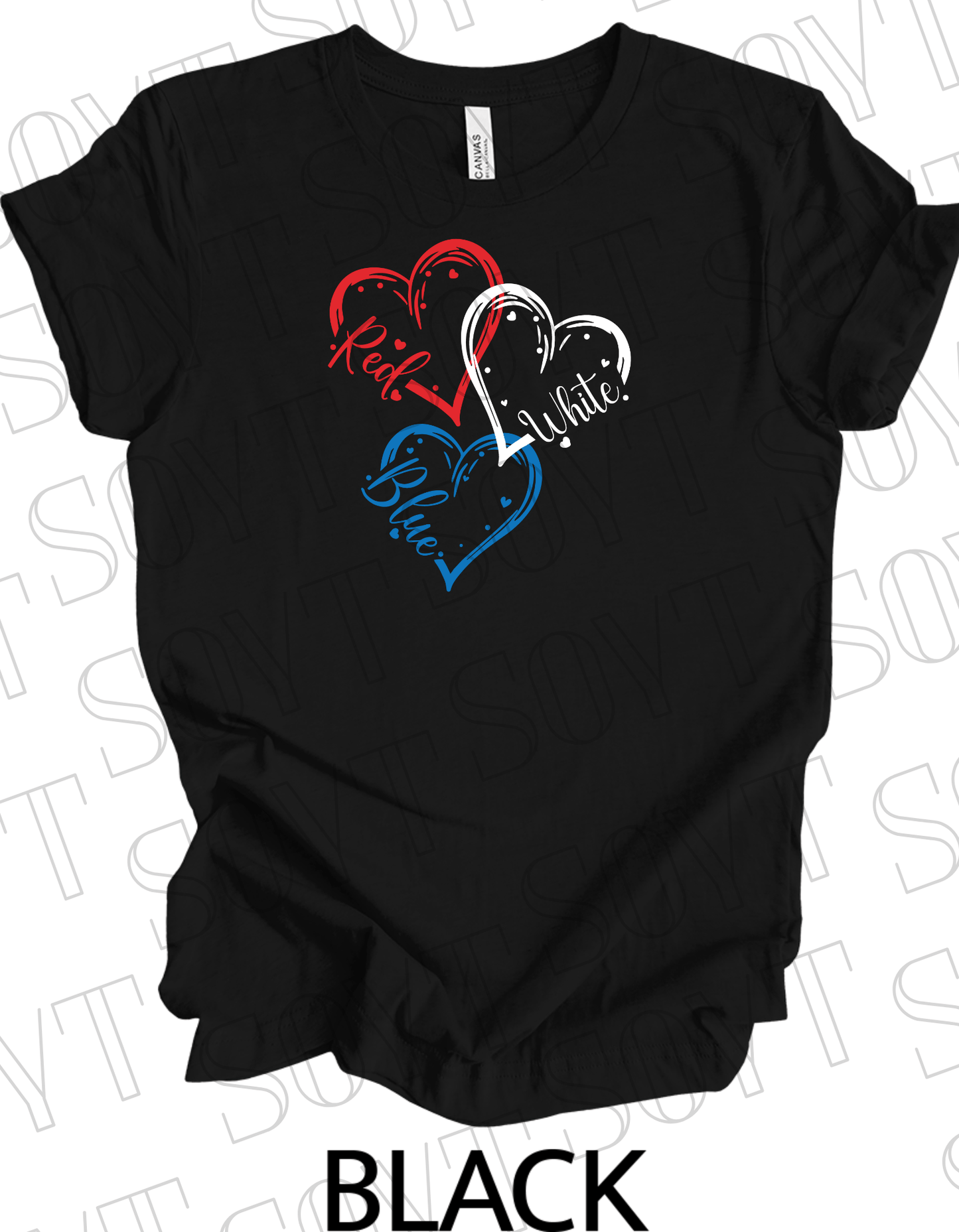 Red White Blue Hearts T-Shirt – Bella+Canvas Cute Patriotic Tee - Festive Apparel StoreBlack