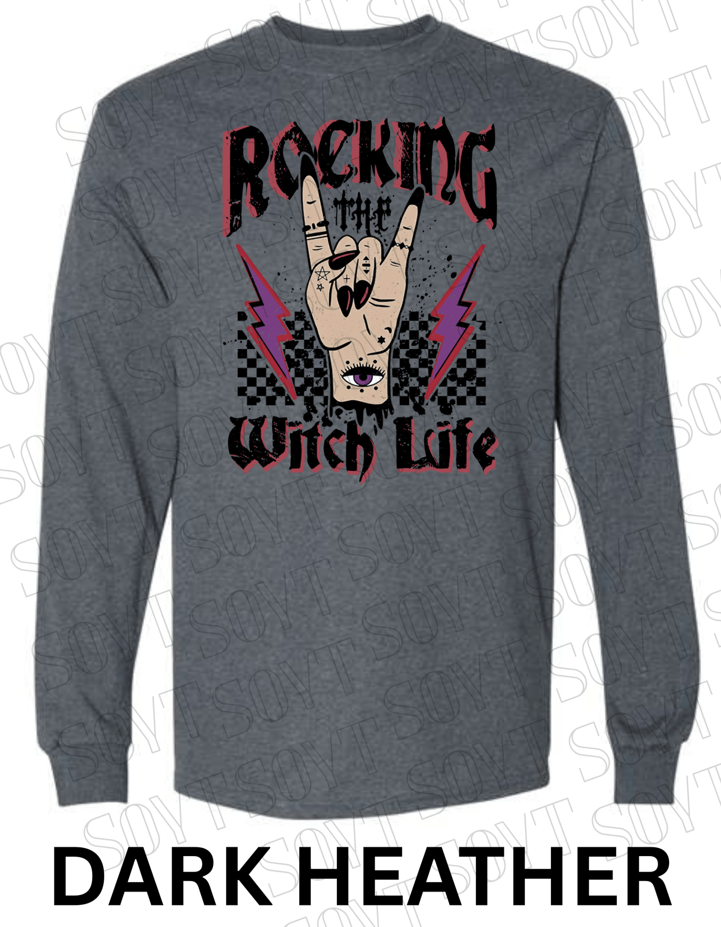 Rocking the Witch Life Halloween Long Sleeve – Gothic Witch Hand & Lightning Graphic Tee - Festive Apparel StoreDark Heather