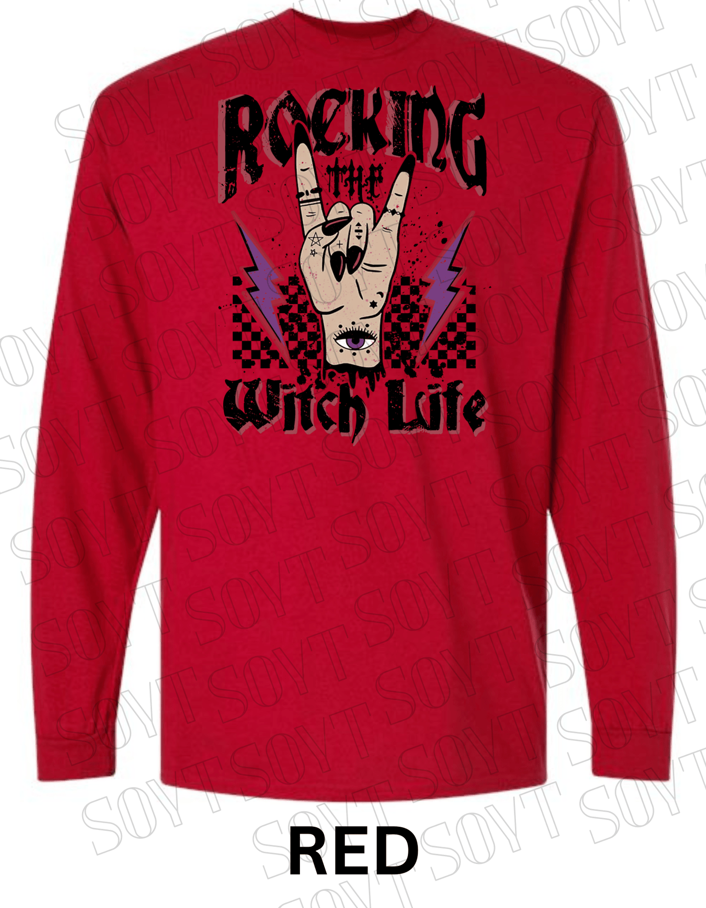 Rocking the Witch Life Halloween Long Sleeve – Gothic Witch Hand & Lightning Graphic Tee - Festive Apparel StoreRed