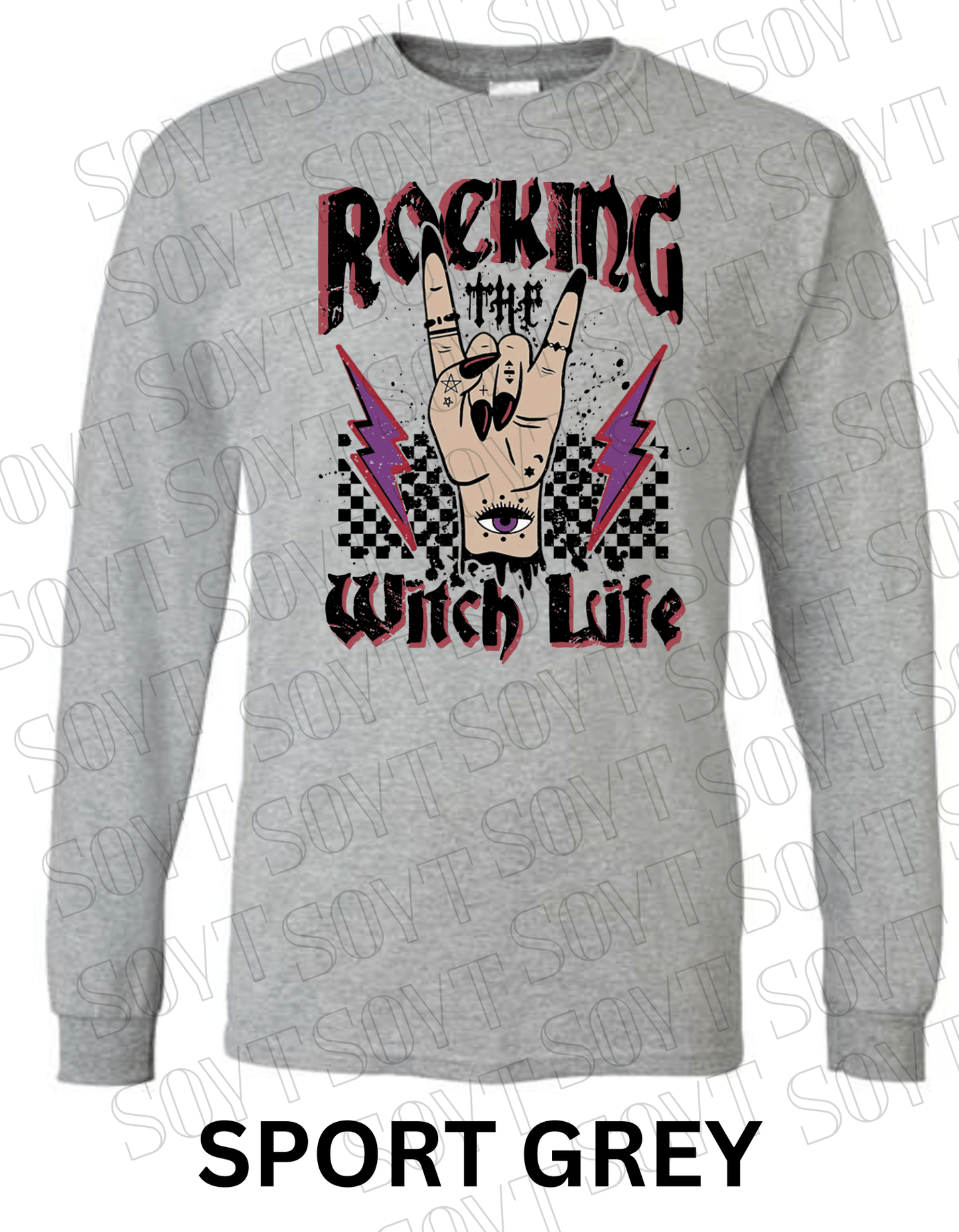 Rocking the Witch Life Halloween Long Sleeve – Gothic Witch Hand & Lightning Graphic Tee - Festive Apparel StoreSport Grey