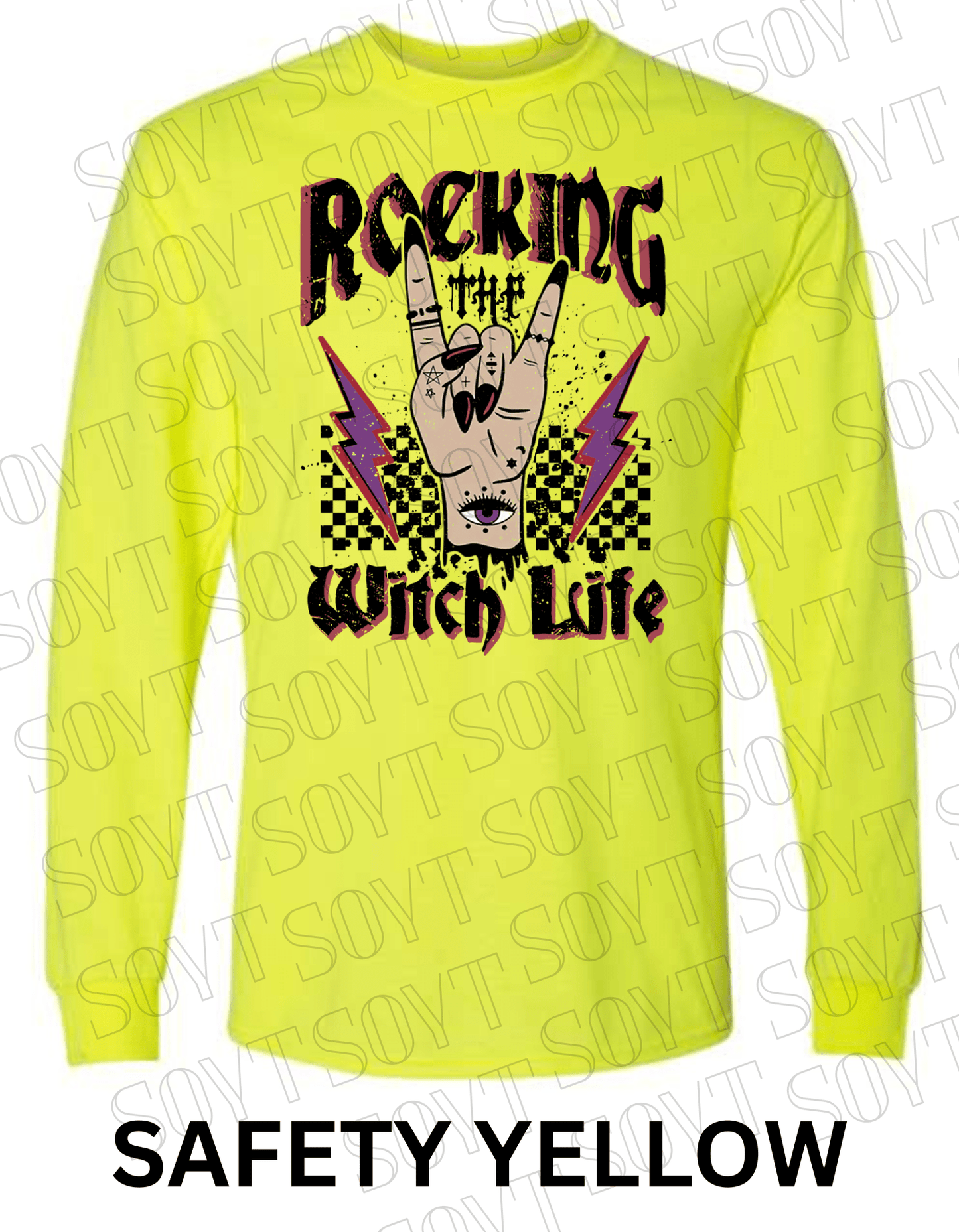 Rocking the Witch Life Halloween Long Sleeve – Gothic Witch Hand & Lightning Graphic Tee - Festive Apparel StoreSafety Yellow