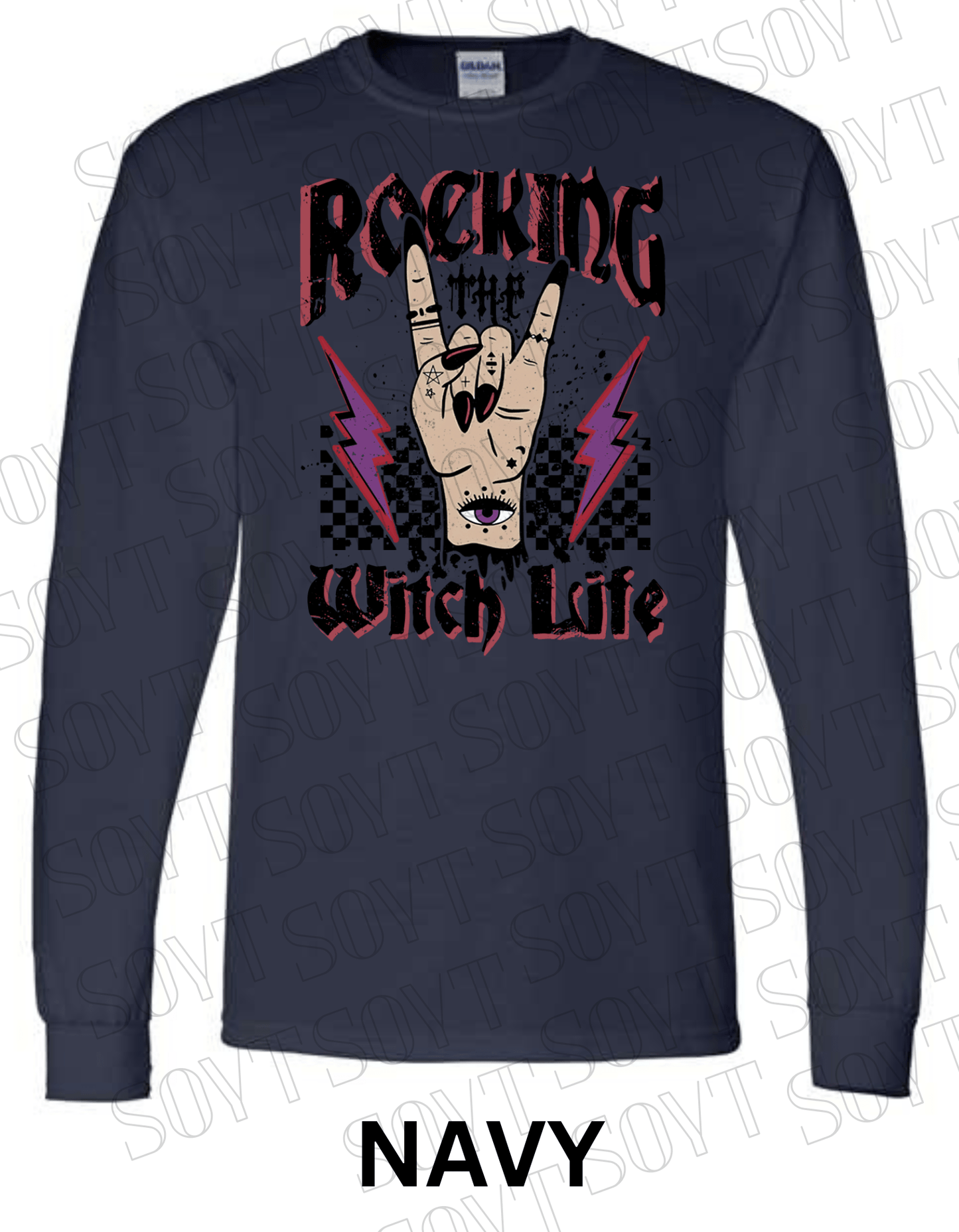 Rocking the Witch Life Halloween Long Sleeve – Gothic Witch Hand & Lightning Graphic Tee - Festive Apparel StoreNavy Blue