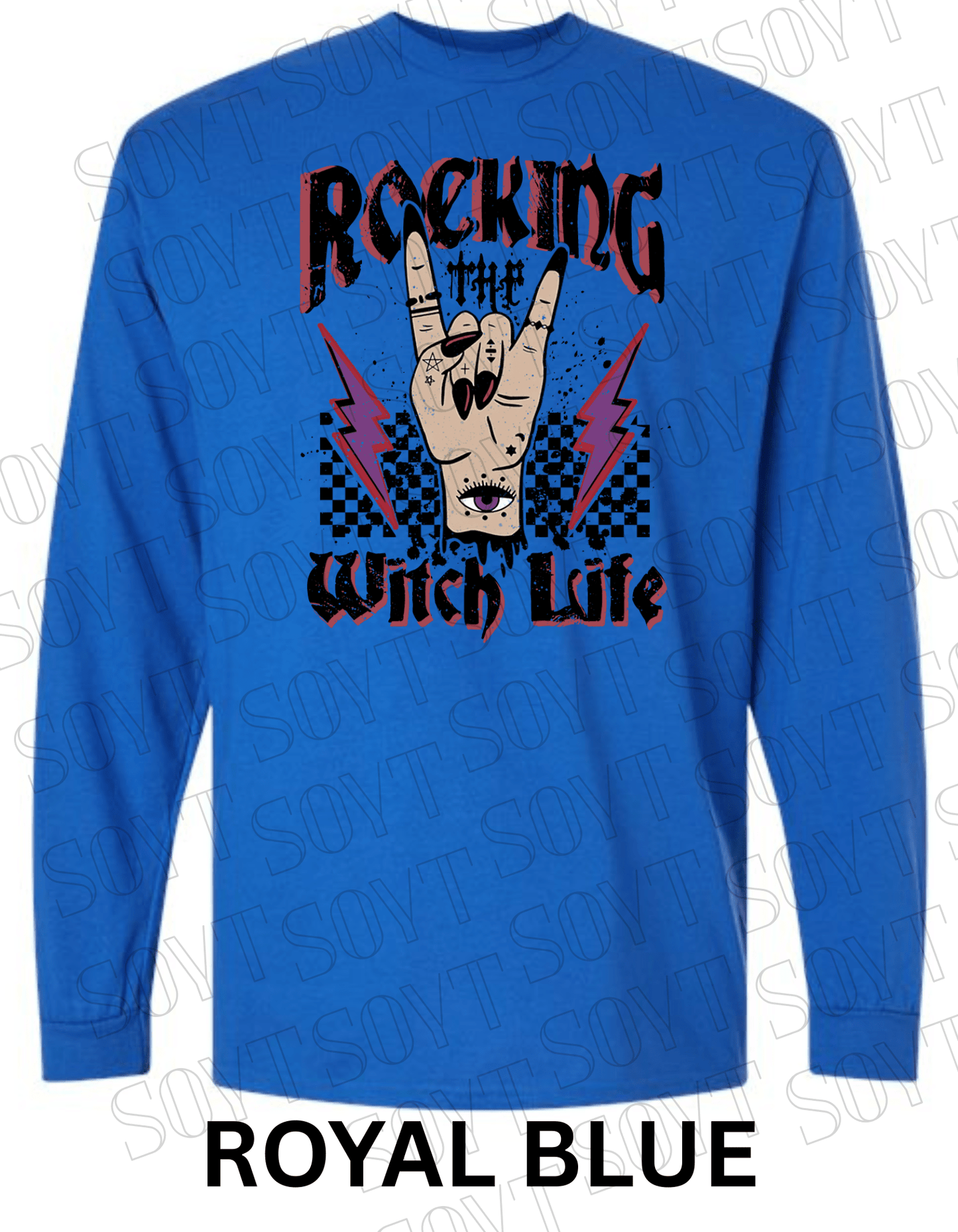 Rocking the Witch Life Halloween Long Sleeve – Gothic Witch Hand & Lightning Graphic Tee - Festive Apparel StoreRoyal Blue