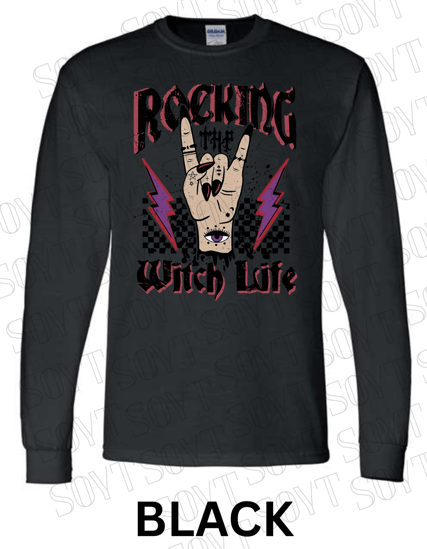 Rocking the Witch Life Halloween Long Sleeve – Gothic Witch Hand & Lightning Graphic Tee - Festive Apparel StoreBlack