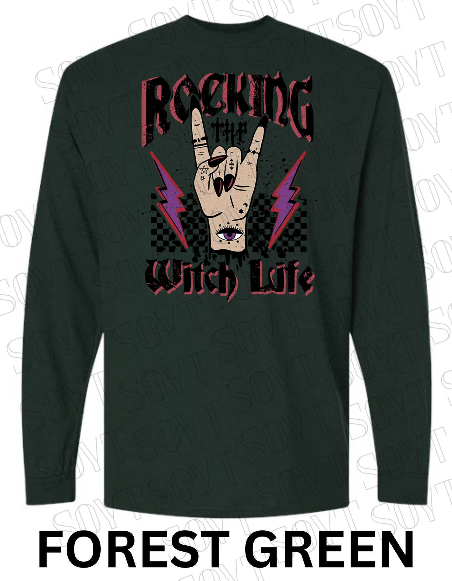 Rocking the Witch Life Halloween Long Sleeve – Gothic Witch Hand & Lightning Graphic Tee - Festive Apparel StoreForest Green