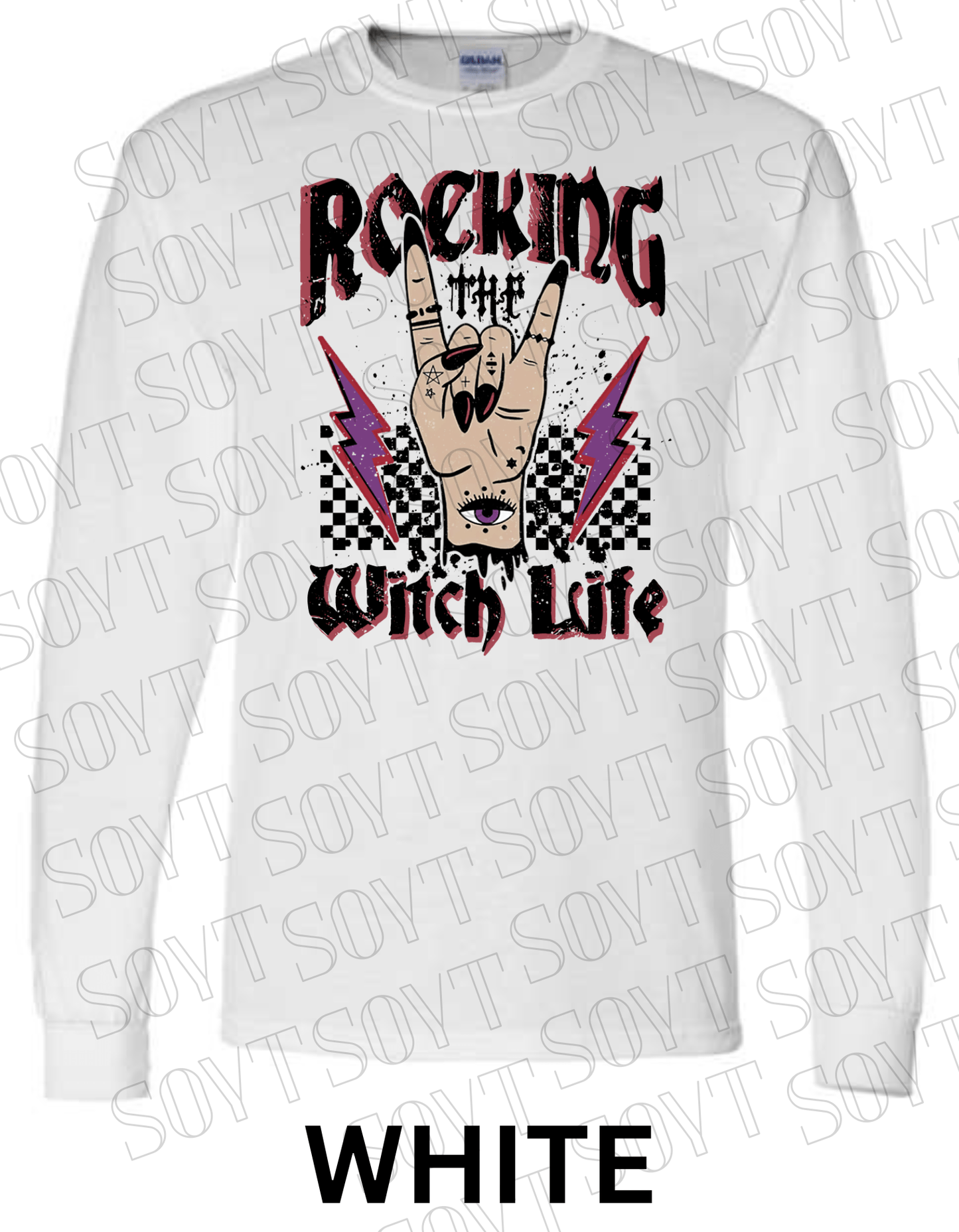 Rocking the Witch Life Halloween Long Sleeve – Gothic Witch Hand & Lightning Graphic Tee - Festive Apparel StoreWhite