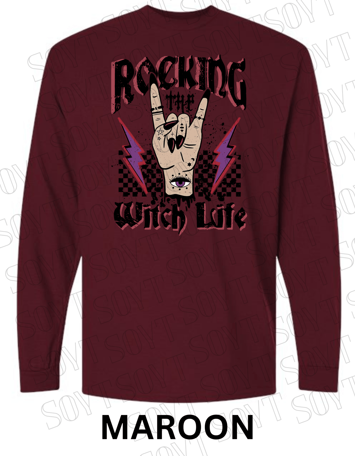 Rocking the Witch Life Halloween Long Sleeve – Gothic Witch Hand & Lightning Graphic Tee - Festive Apparel StoreMaroon