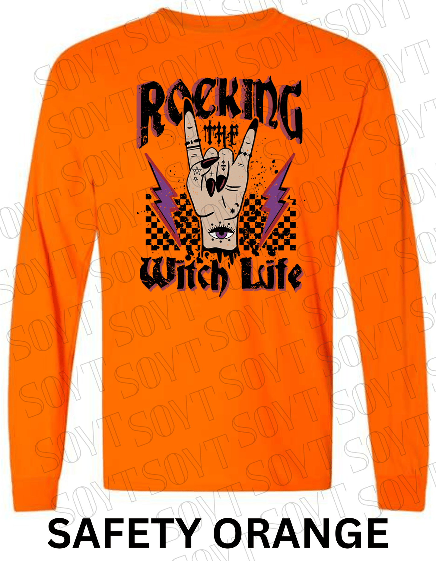 Rocking the Witch Life Halloween Long Sleeve – Gothic Witch Hand & Lightning Graphic Tee - Festive Apparel StoreSafety Orange
