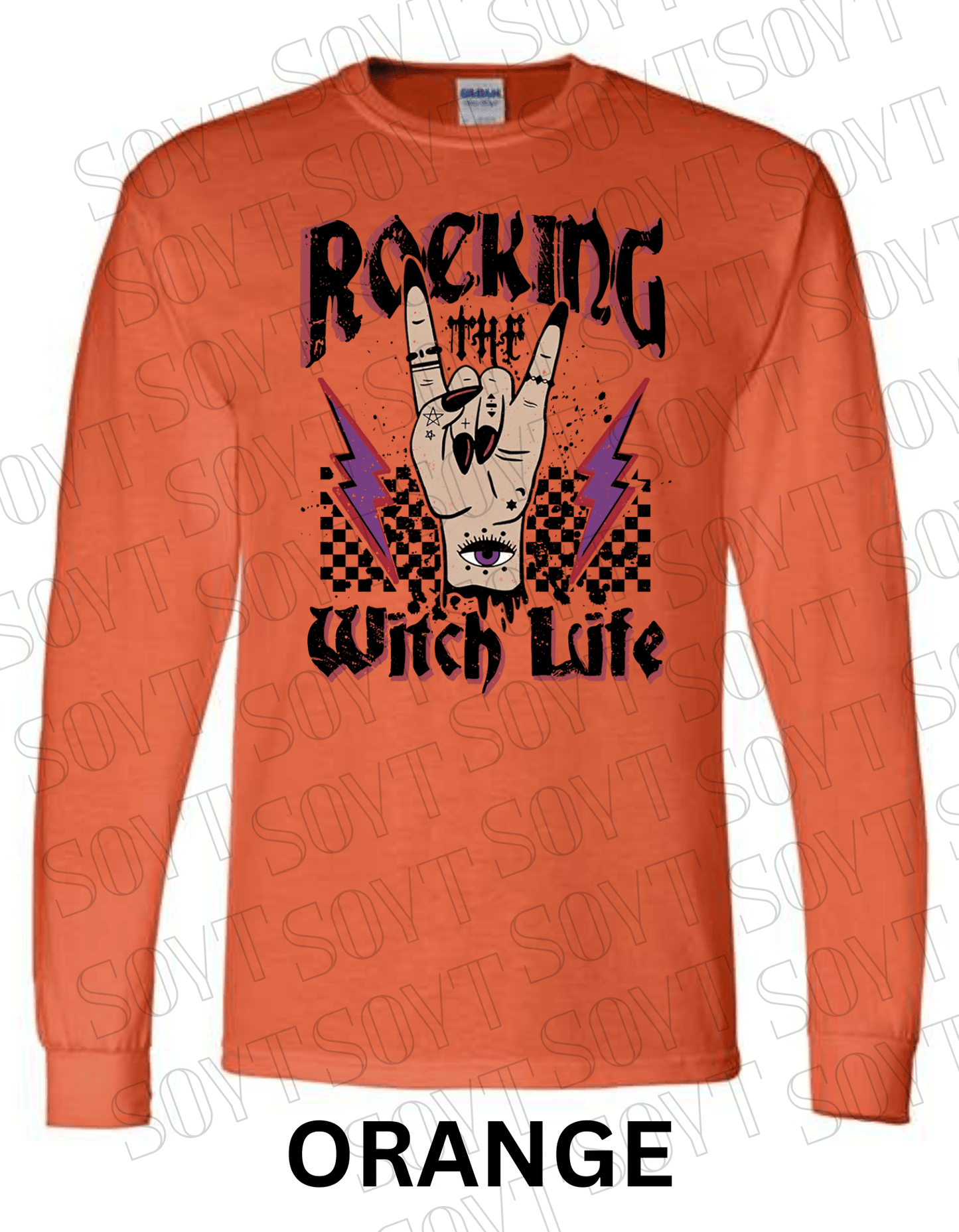 Rocking the Witch Life Halloween Long Sleeve – Gothic Witch Hand & Lightning Graphic Tee - Festive Apparel StoreOrange