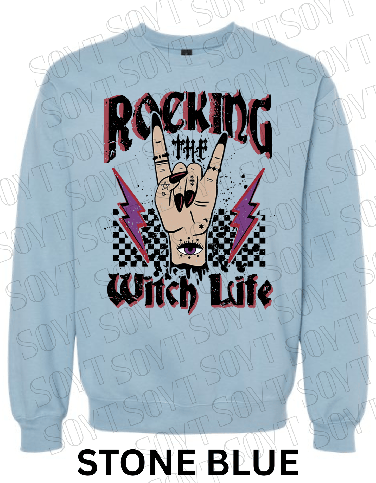 Rocking the Witch Life Halloween Sweatshirt – Gothic Rock Hand & Lightning Witch Graphic Pullover - Festive Apparel StoreStone Blue