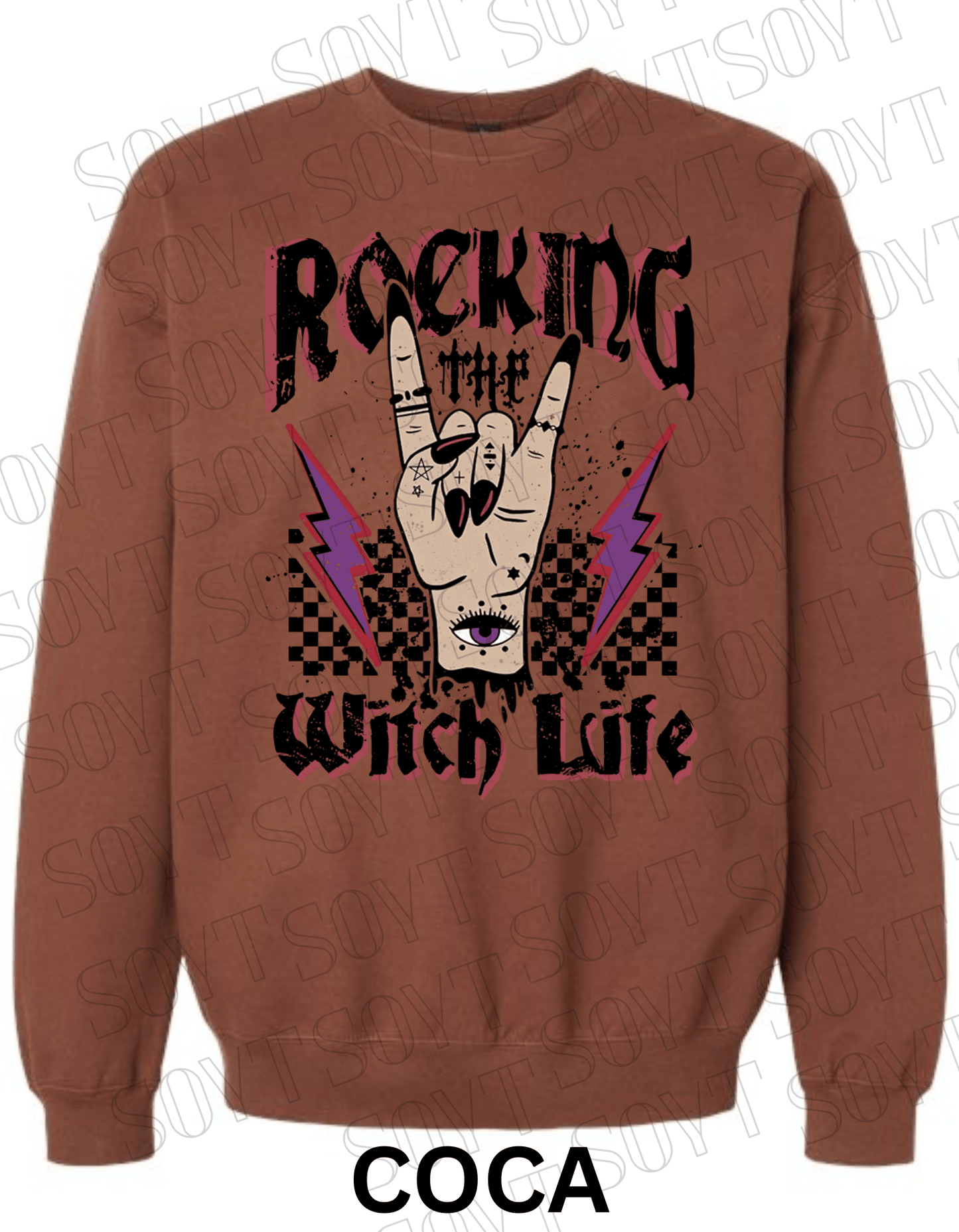 Rocking the Witch Life Halloween Sweatshirt – Gothic Rock Hand & Lightning Witch Graphic Pullover - Festive Apparel StoreCocoa Brown