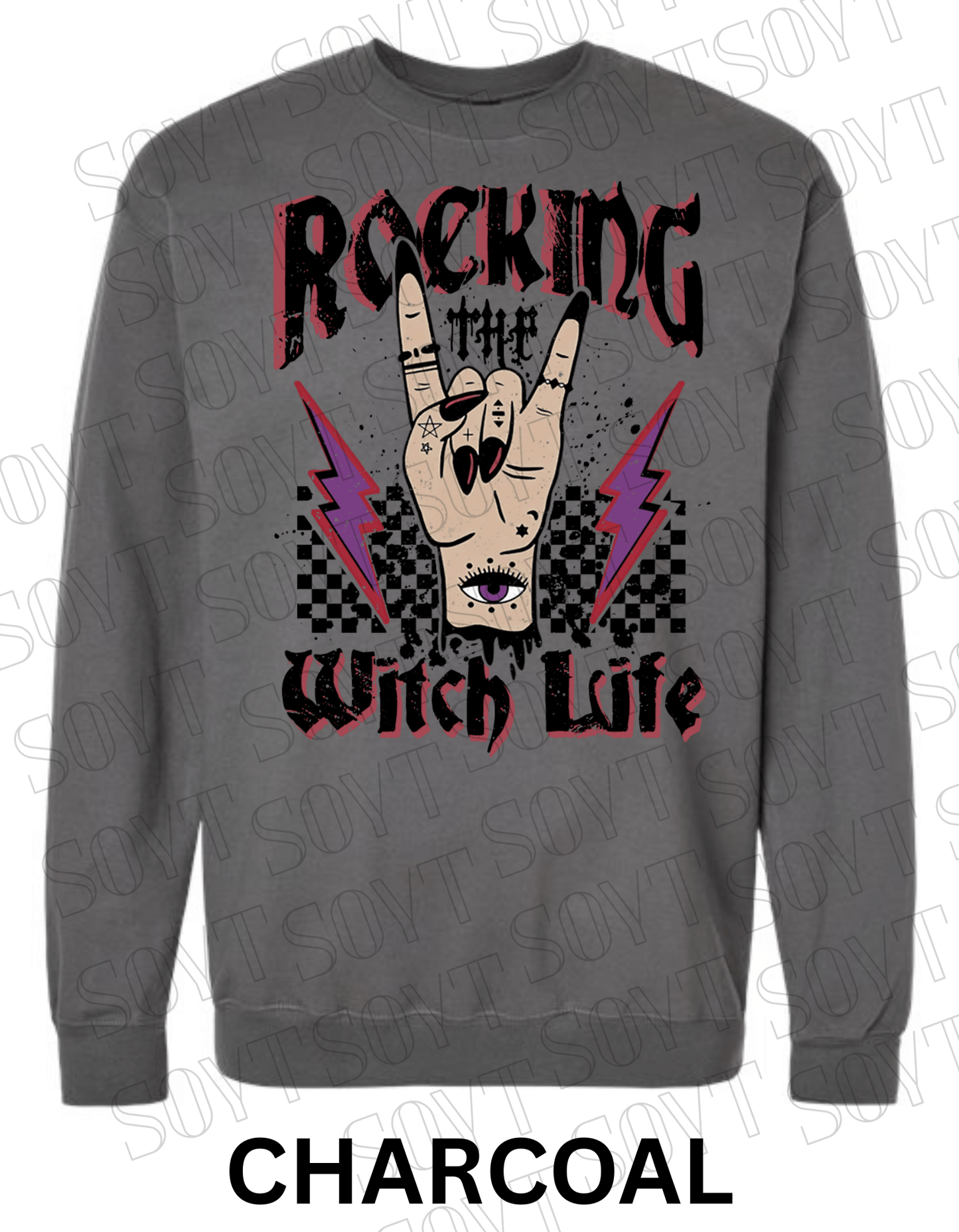 Rocking the Witch Life Halloween Sweatshirt – Gothic Rock Hand & Lightning Witch Graphic Pullover - Festive Apparel StoreCharcoal