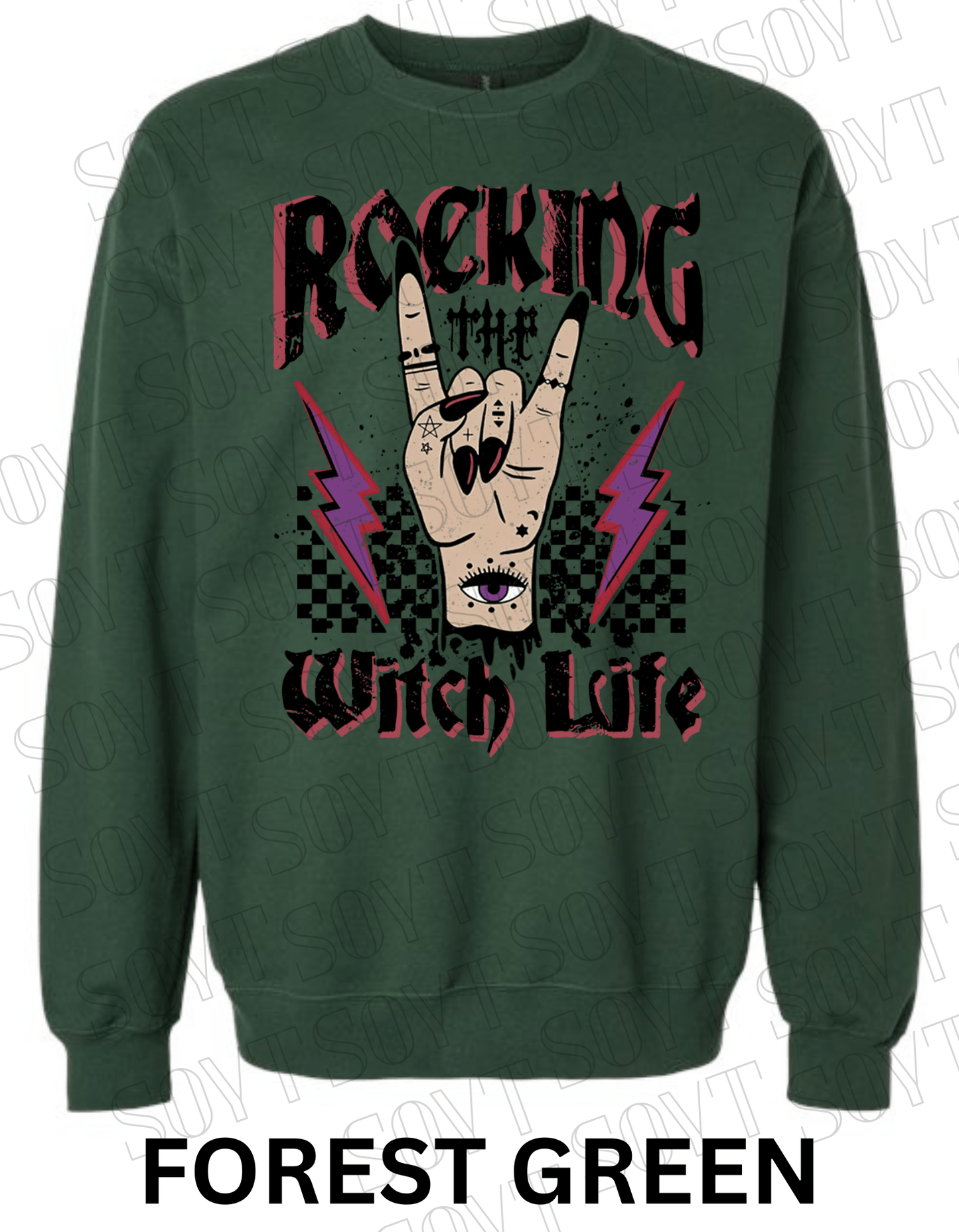 Rocking the Witch Life Halloween Sweatshirt – Gothic Rock Hand & Lightning Witch Graphic Pullover - Festive Apparel StoreForest Green