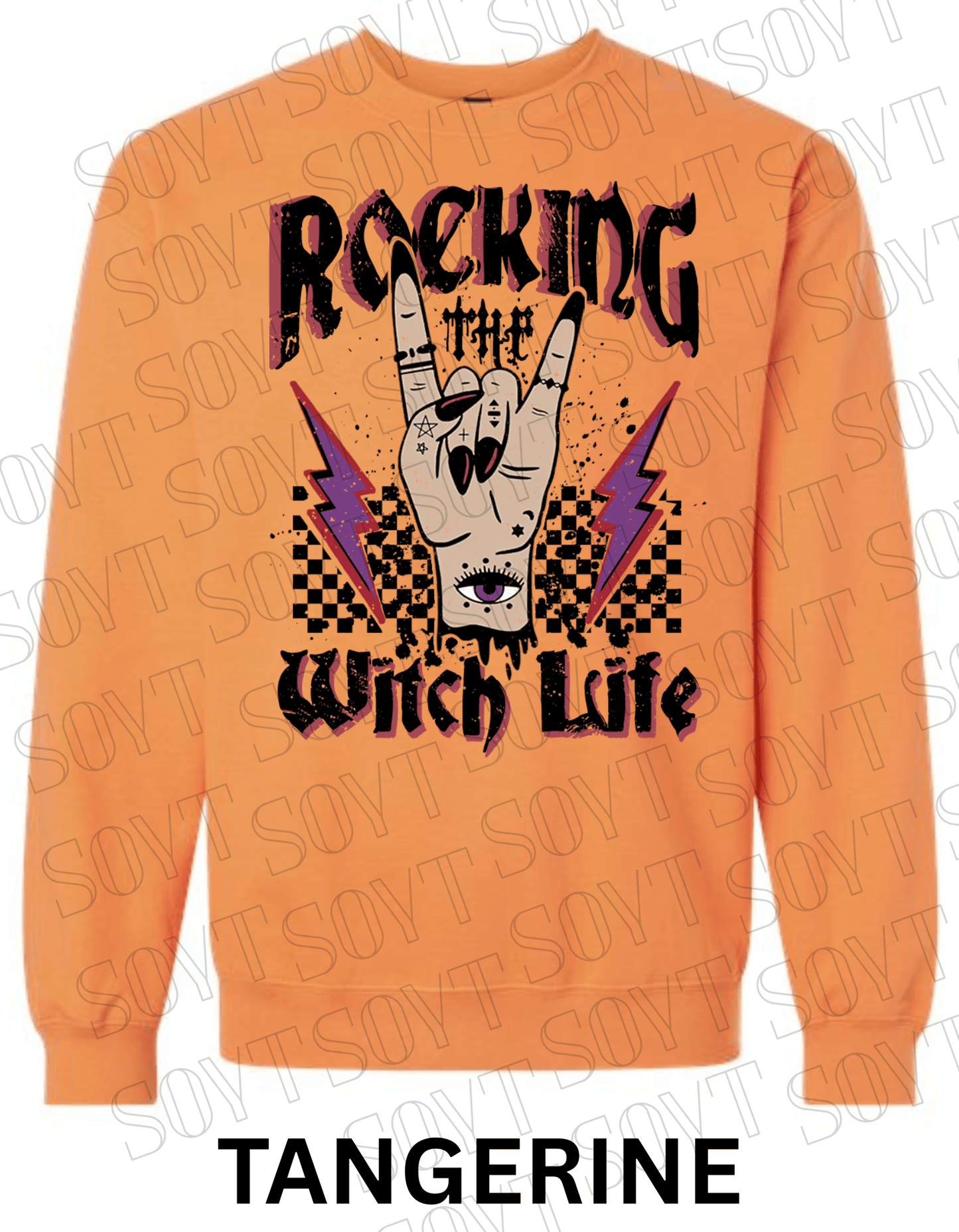 Rocking the Witch Life Halloween Sweatshirt – Gothic Rock Hand & Lightning Witch Graphic Pullover - Festive Apparel StoreTangerine