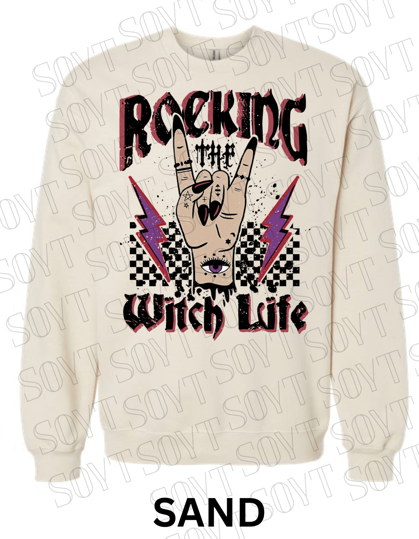 Rocking the Witch Life Halloween Sweatshirt – Gothic Rock Hand & Lightning Witch Graphic Pullover - Festive Apparel StoreSand