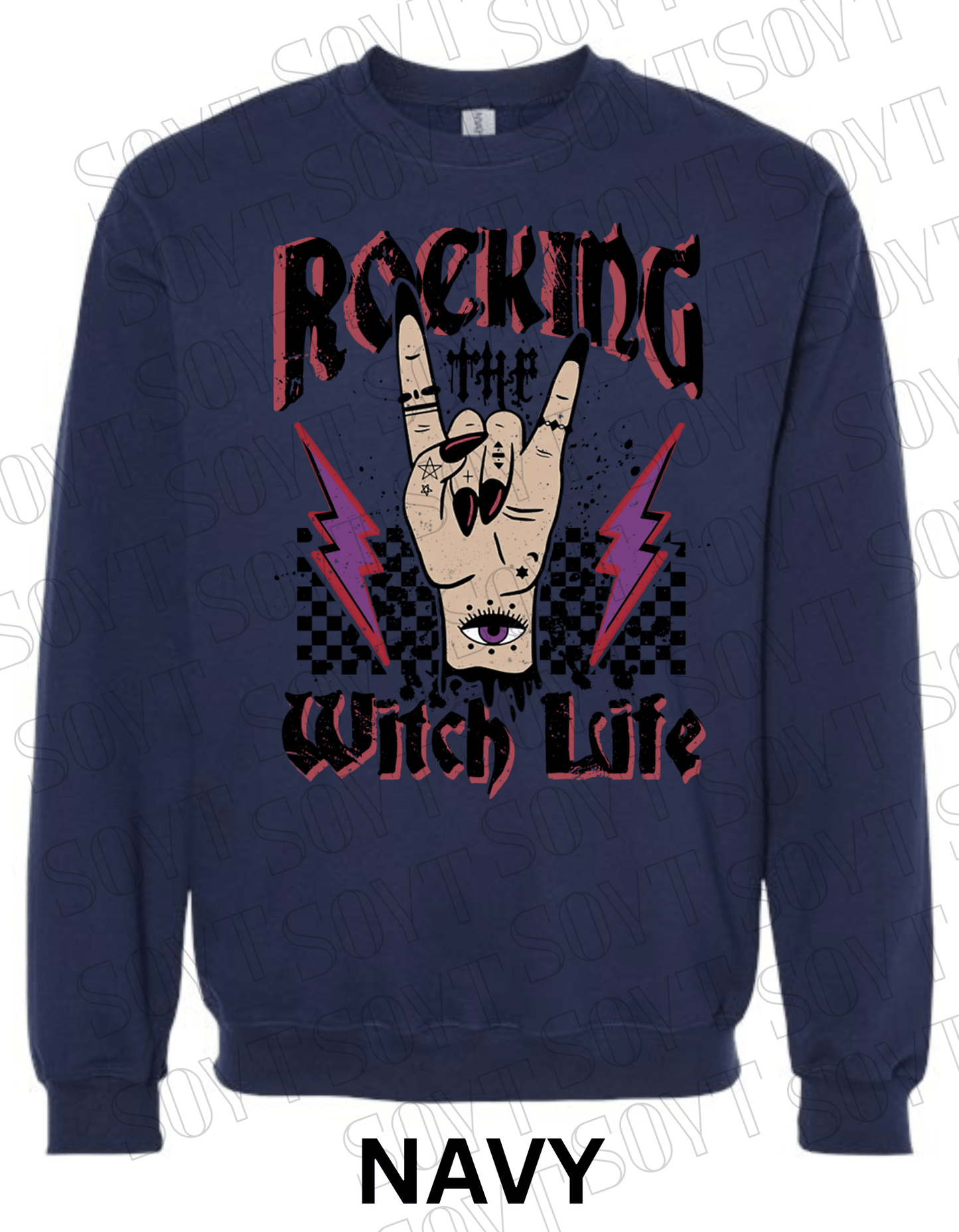 Rocking the Witch Life Halloween Sweatshirt – Gothic Rock Hand & Lightning Witch Graphic Pullover - Festive Apparel StoreNavy Blue