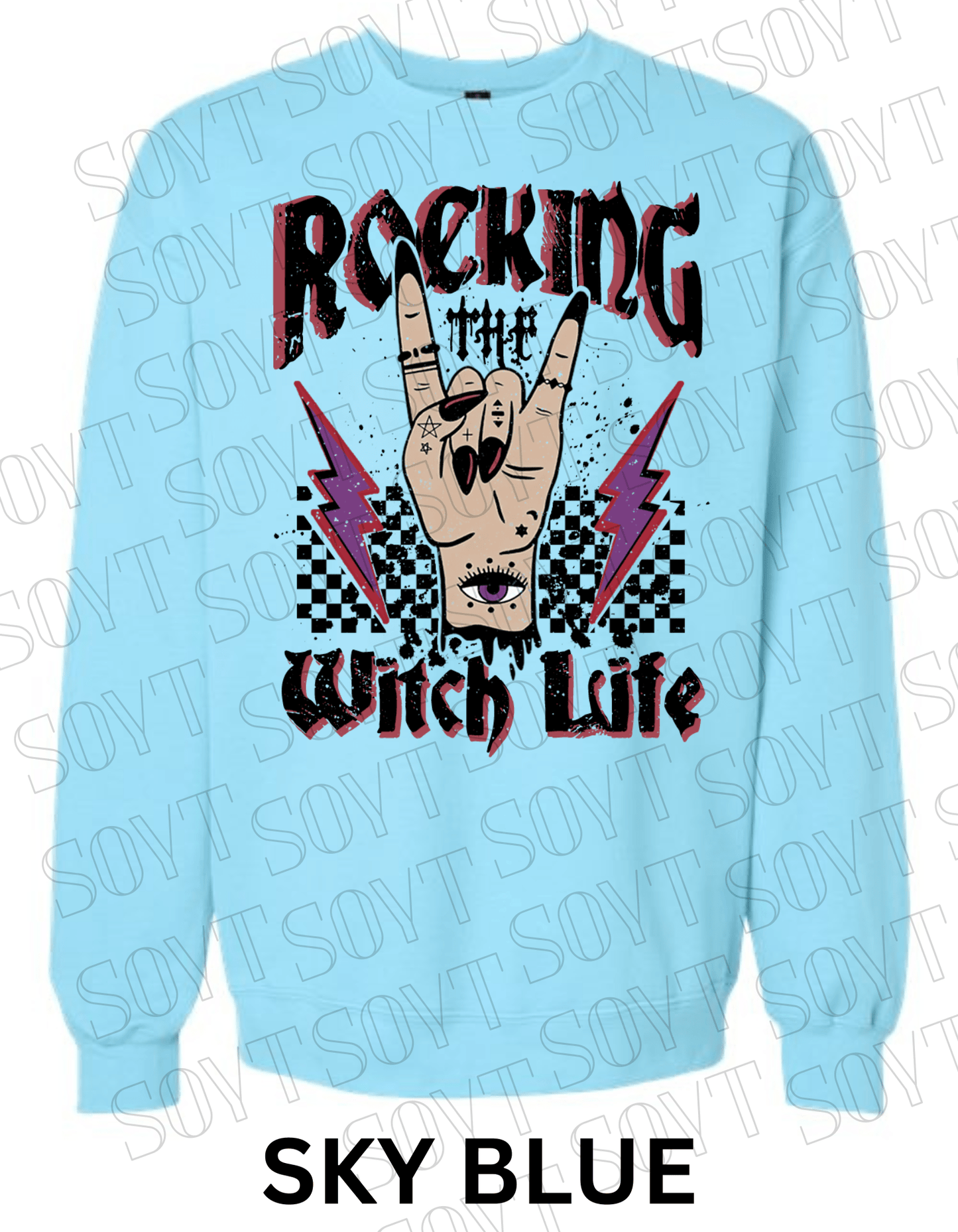 Rocking the Witch Life Halloween Sweatshirt – Gothic Rock Hand & Lightning Witch Graphic Pullover - Festive Apparel StoreSky Blue