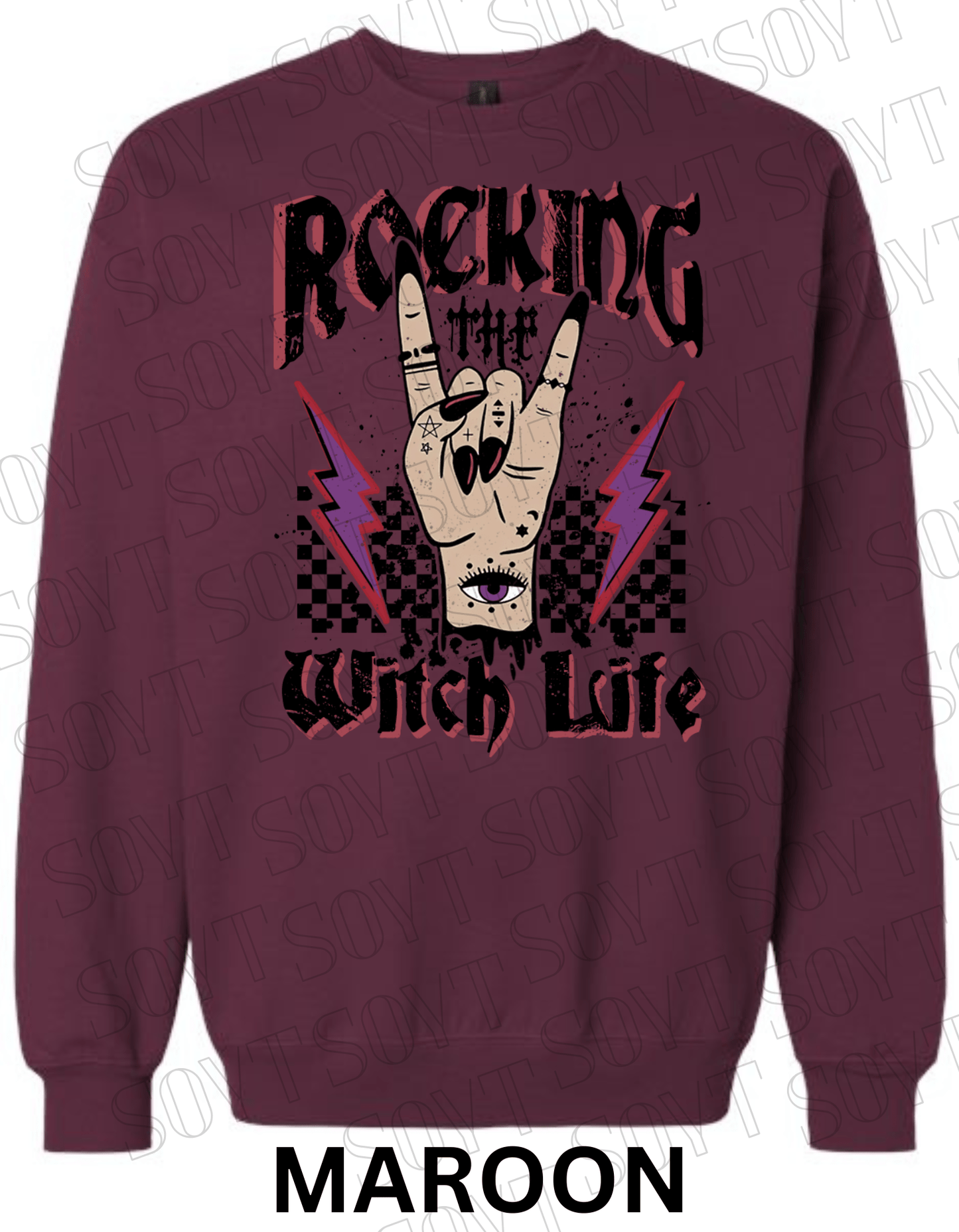 Rocking the Witch Life Halloween Sweatshirt – Gothic Rock Hand & Lightning Witch Graphic Pullover - Festive Apparel StoreMaroon