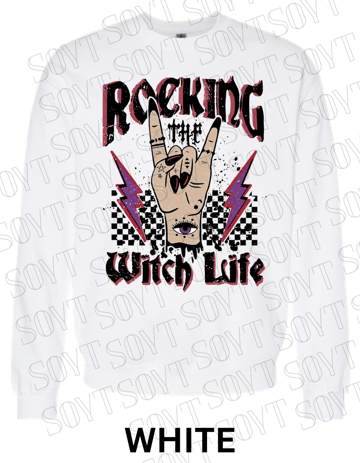 Rocking the Witch Life Halloween Sweatshirt – Gothic Rock Hand & Lightning Witch Graphic Pullover - Festive Apparel StoreWhite