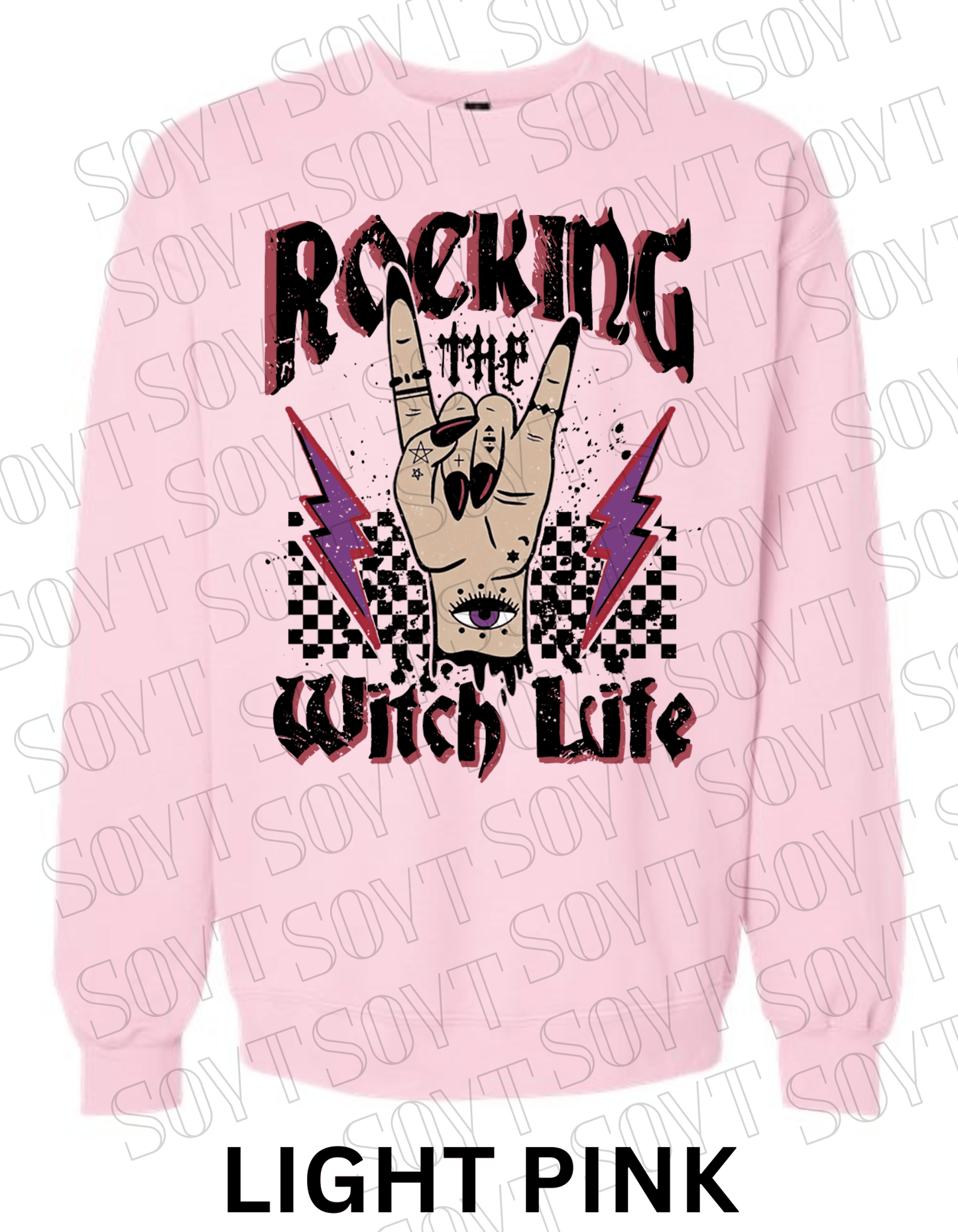 Rocking the Witch Life Halloween Sweatshirt – Gothic Rock Hand & Lightning Witch Graphic Pullover - Festive Apparel StoreLight Pink