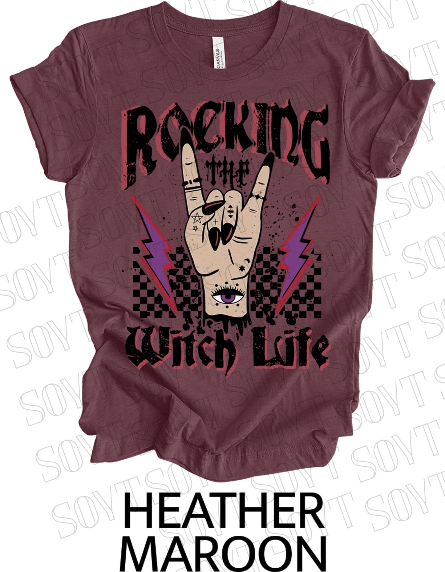 Rocking the Witch Life Halloween T-Shirt – Gothic Hand, Lightning & Checkerboard Witch Graphic - Festive Apparel StoreHeather Maroon