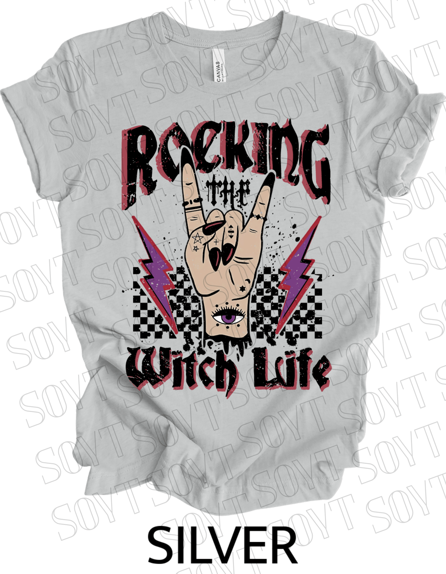 Rocking the Witch Life Halloween T-Shirt – Gothic Hand, Lightning & Checkerboard Witch Graphic - Festive Apparel StoreSilver