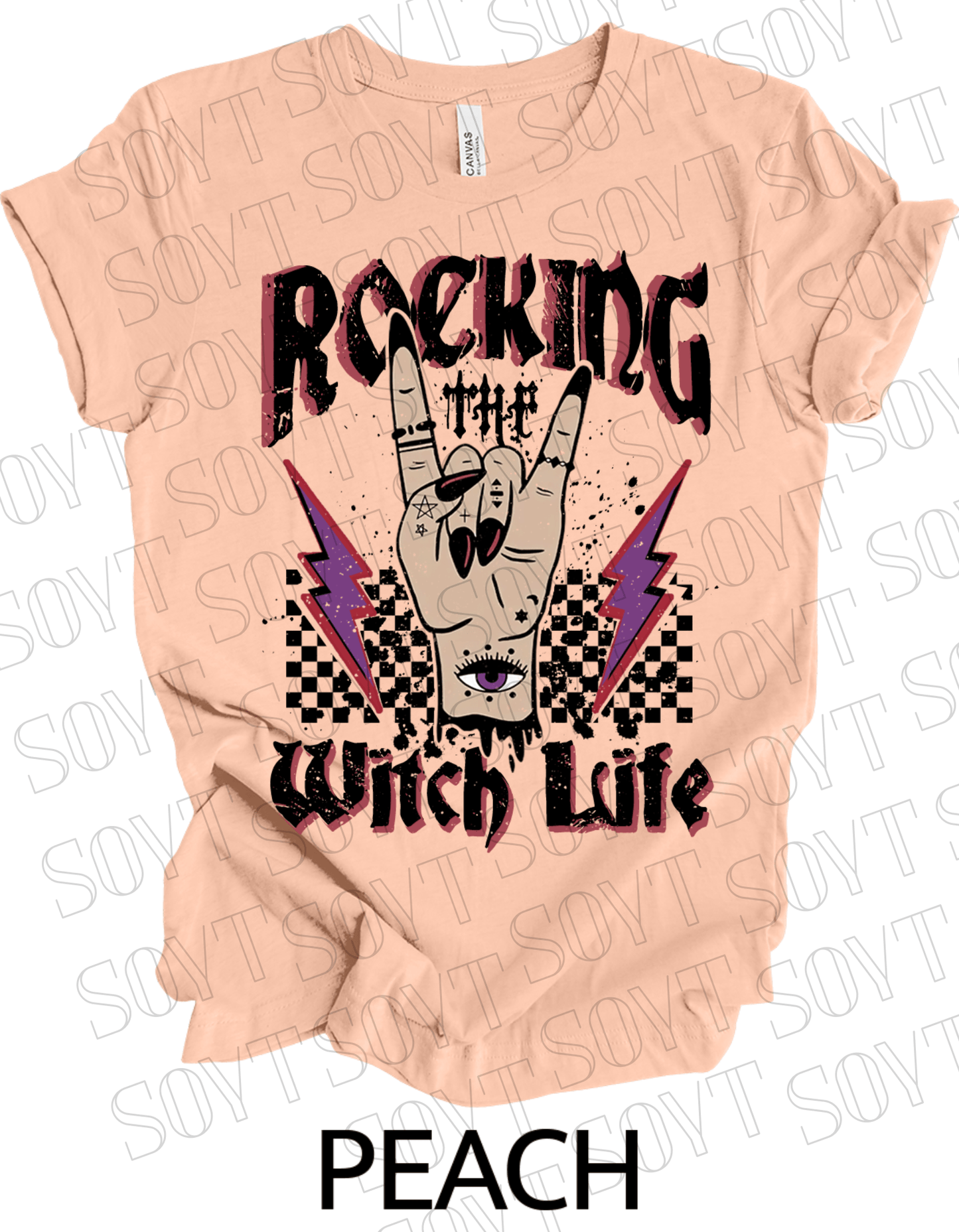 Rocking the Witch Life Halloween T-Shirt – Gothic Hand, Lightning & Checkerboard Witch Graphic - Festive Apparel StorePeach
