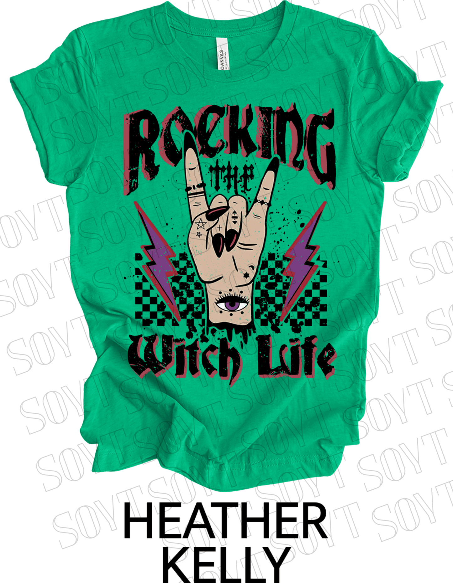 Rocking the Witch Life Halloween T-Shirt – Gothic Hand, Lightning & Checkerboard Witch Graphic - Festive Apparel StoreHeather Kelly Green