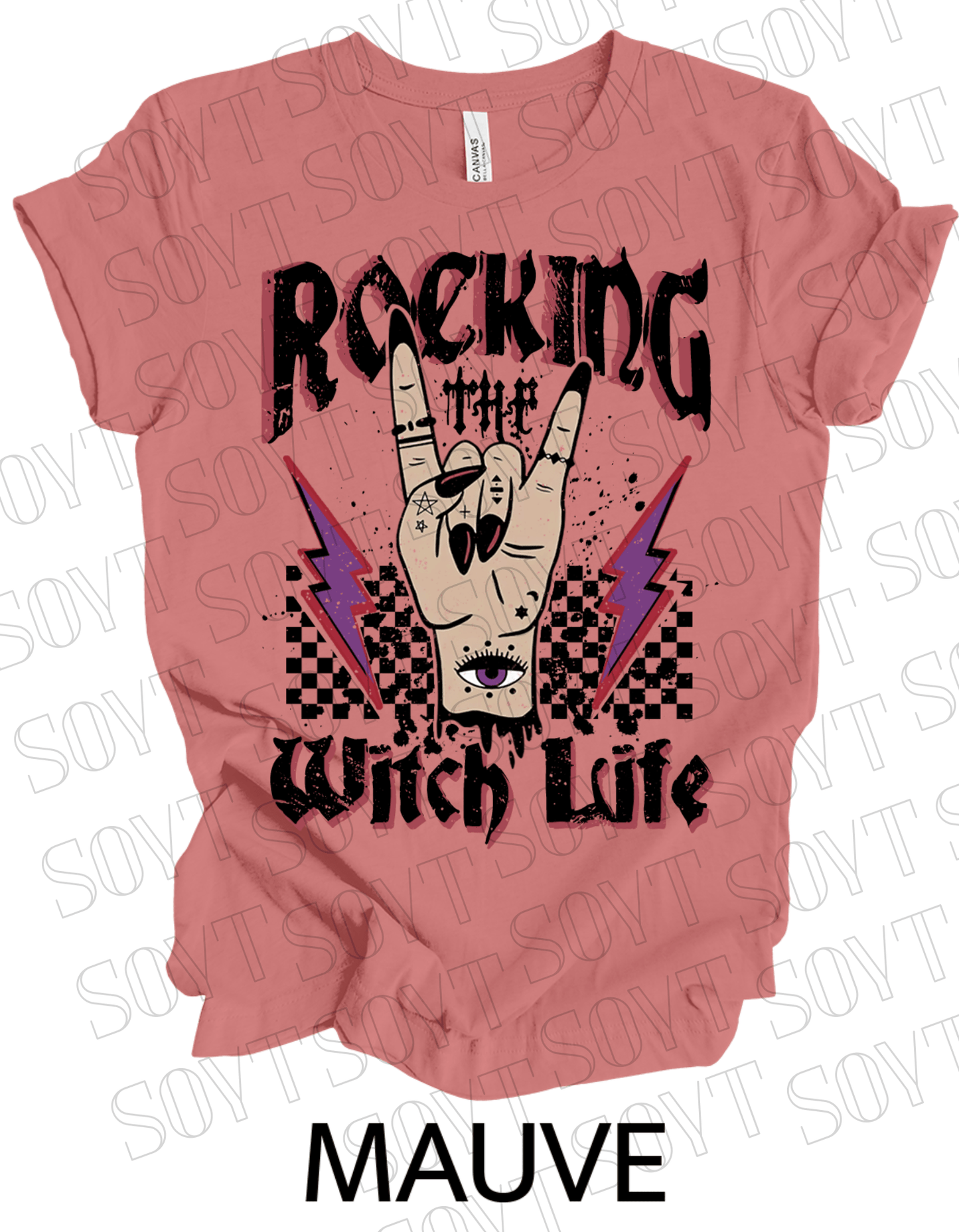 Rocking the Witch Life Halloween T-Shirt – Gothic Hand, Lightning & Checkerboard Witch Graphic - Festive Apparel StoreMauve