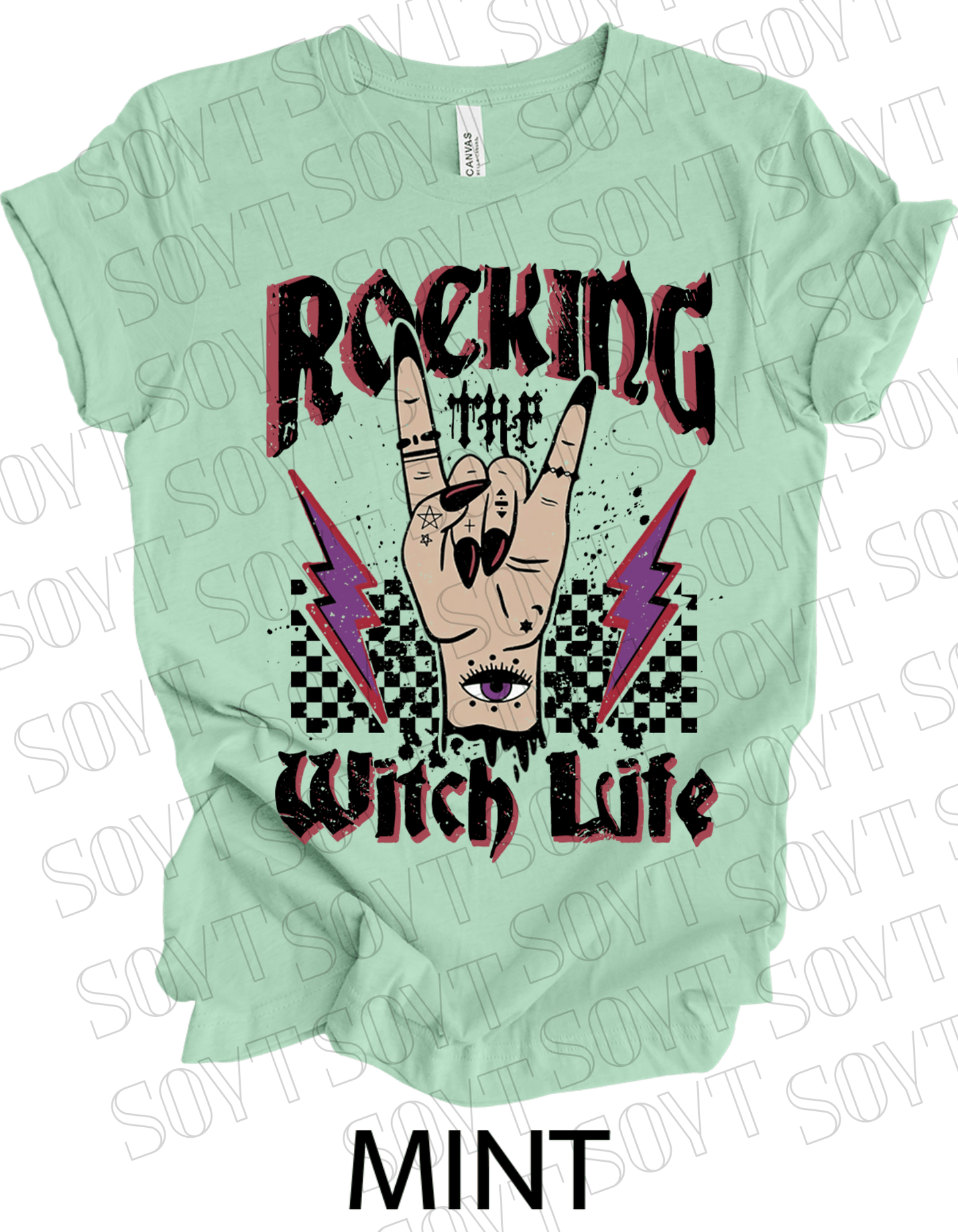 Rocking the Witch Life Halloween T-Shirt – Gothic Hand, Lightning & Checkerboard Witch Graphic - Festive Apparel StoreMint