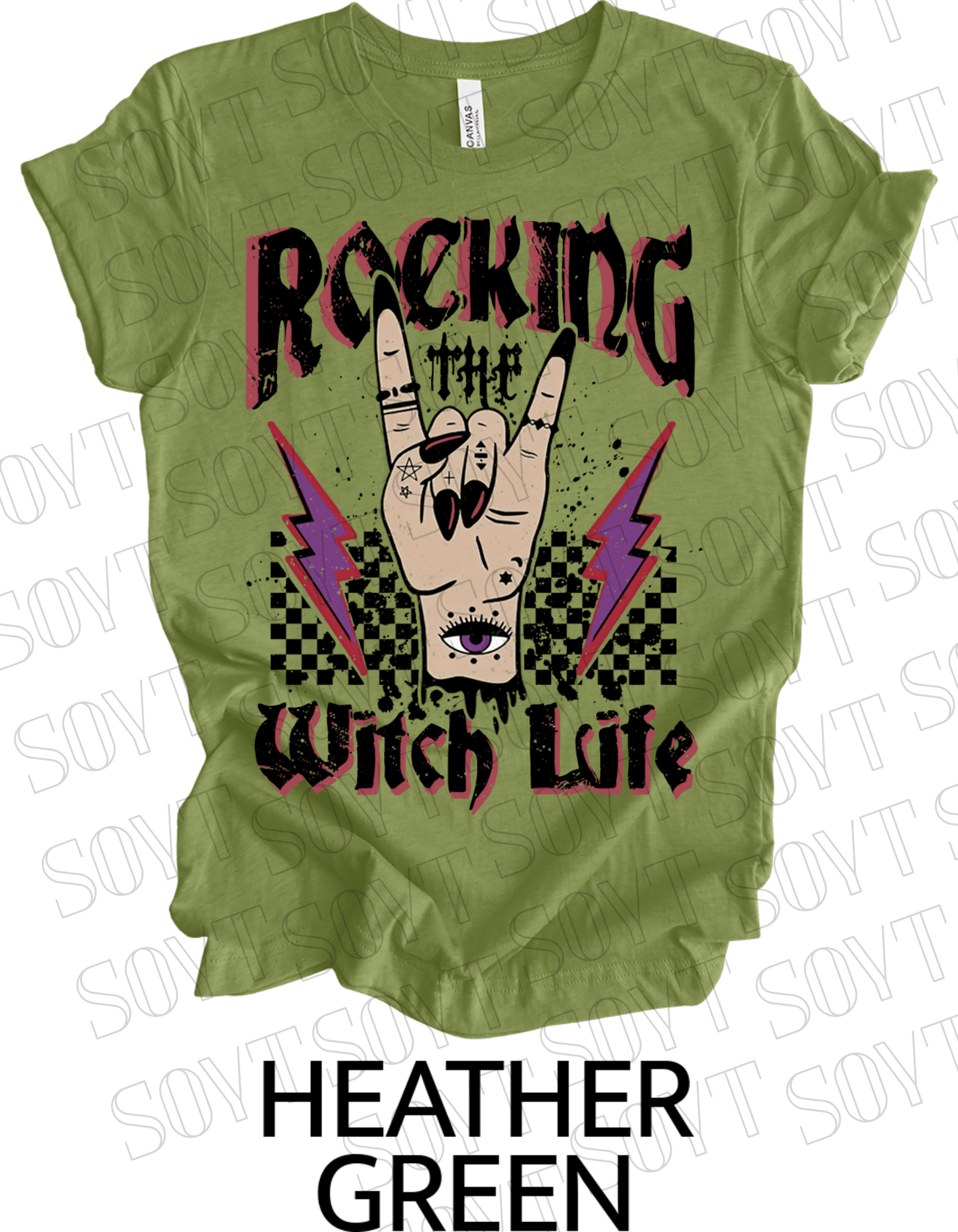 Rocking the Witch Life Halloween T-Shirt – Gothic Hand, Lightning & Checkerboard Witch Graphic - Festive Apparel StoreHeather Green
