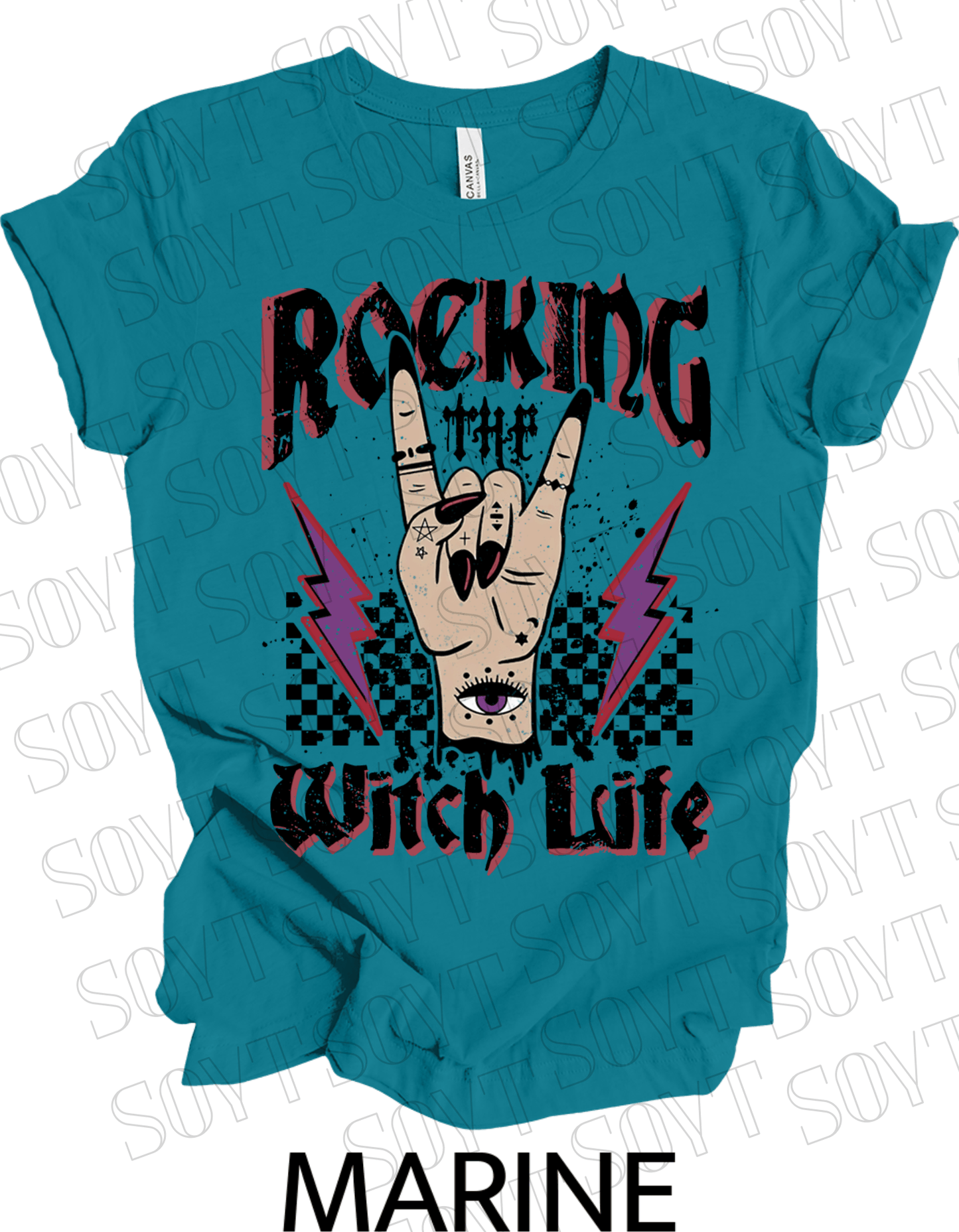 Rocking the Witch Life Halloween T-Shirt – Gothic Hand, Lightning & Checkerboard Witch Graphic - Festive Apparel StoreMarine