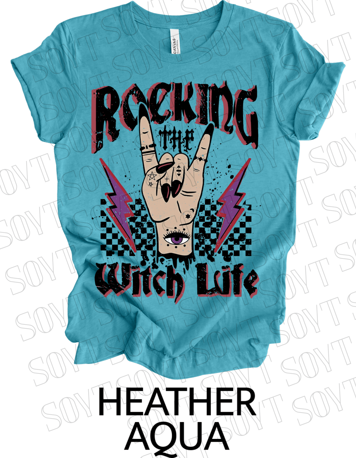 Rocking the Witch Life Halloween T-Shirt – Gothic Hand, Lightning & Checkerboard Witch Graphic - Festive Apparel StoreHeather Aqua