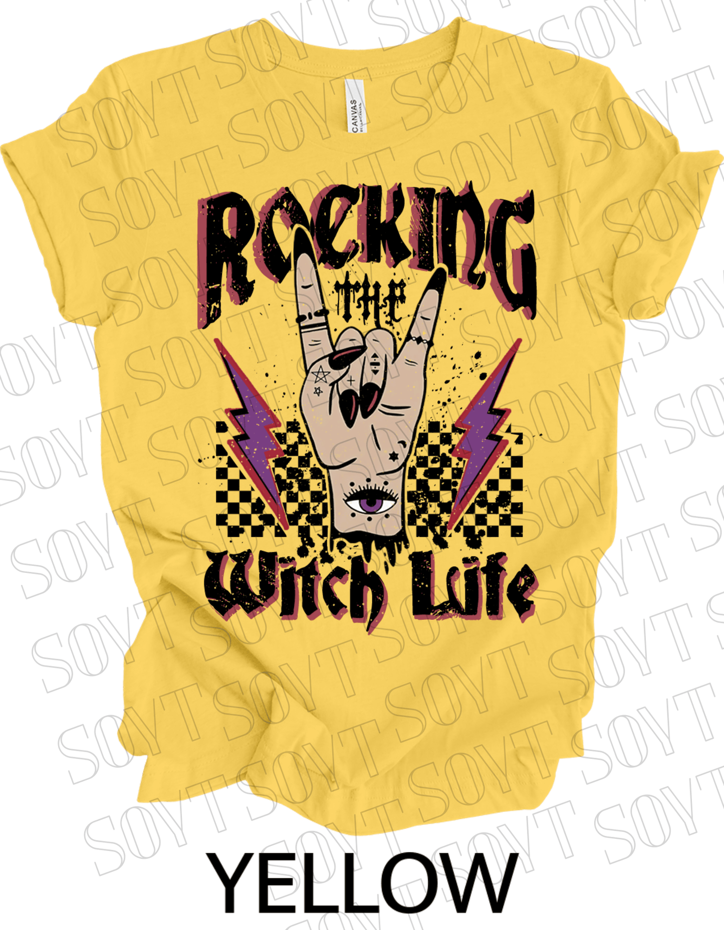 Rocking the Witch Life Halloween T-Shirt – Gothic Hand, Lightning & Checkerboard Witch Graphic - Festive Apparel StoreYellow