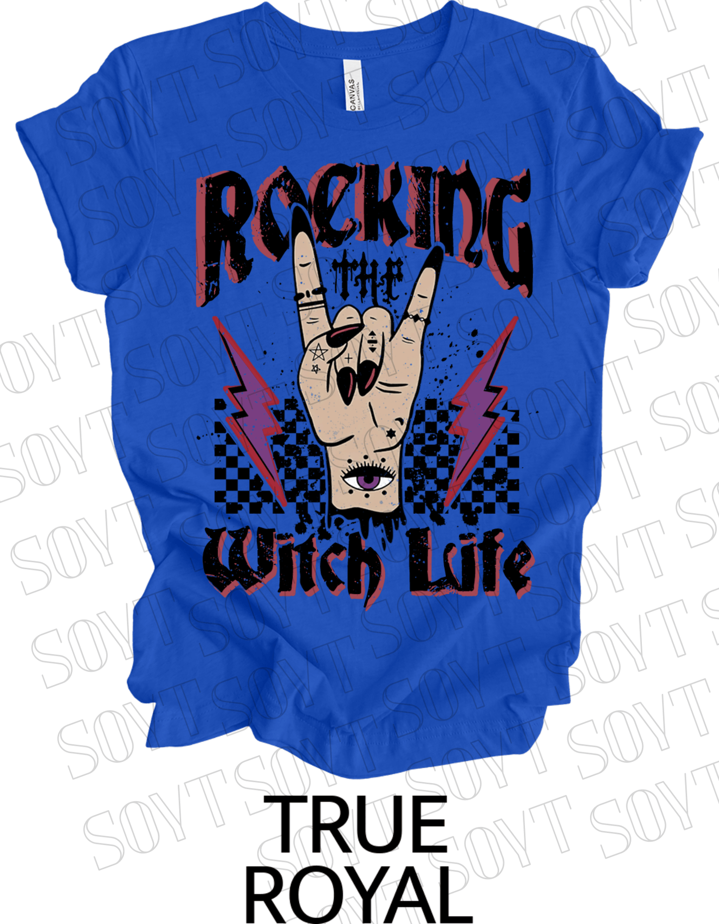 Rocking the Witch Life Halloween T-Shirt – Gothic Hand, Lightning & Checkerboard Witch Graphic - Festive Apparel StoreRoyal Blue