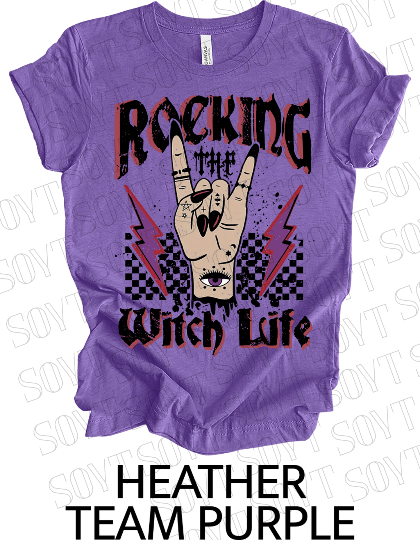 Rocking the Witch Life Halloween T-Shirt – Gothic Hand, Lightning & Checkerboard Witch Graphic - Festive Apparel StoreHeather Purple