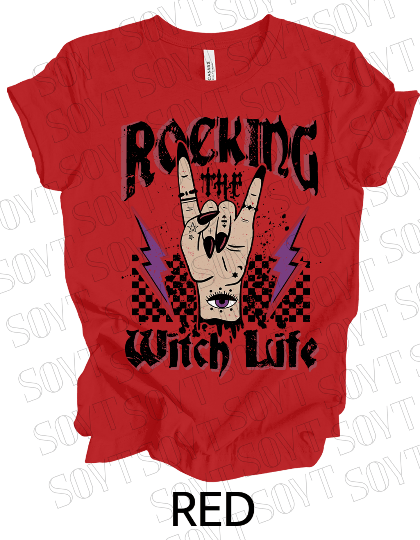 Rocking the Witch Life Halloween T-Shirt – Gothic Hand, Lightning & Checkerboard Witch Graphic - Festive Apparel StoreRed