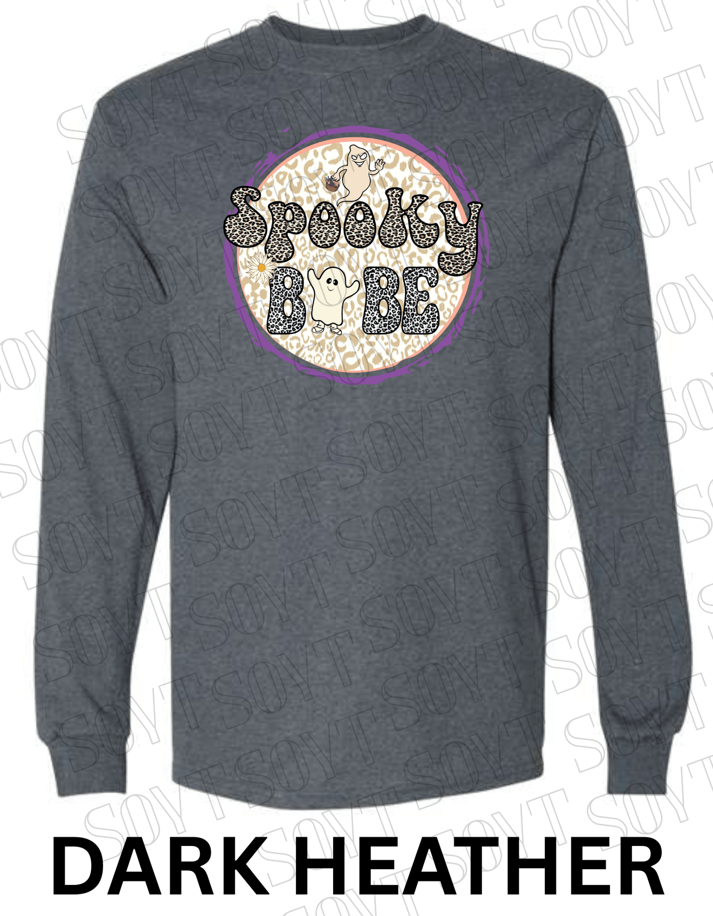 Spooky Babe Halloween Long Sleeve – Leopard Print Ghost & Rainbow Fall Shirt - Festive Apparel StoreDark Heather